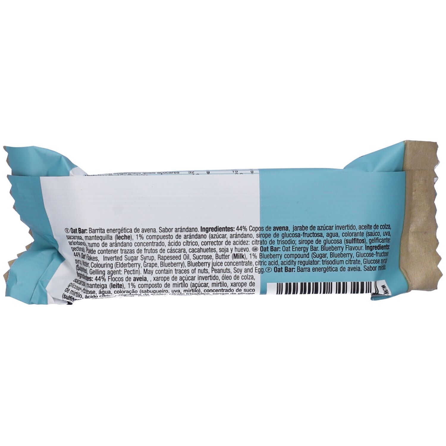 Retro della confezione della barretta Weider Oat. Testo multilingue. Principalmente bianco e azzurro.