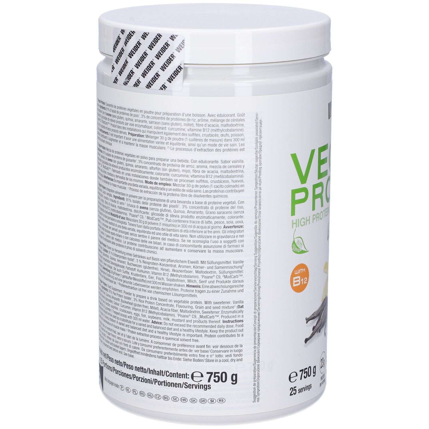 Retro del barattolo Weider Vegan Protein Vaniglia. Testo multilingue. Sigillo con scritta Weider.