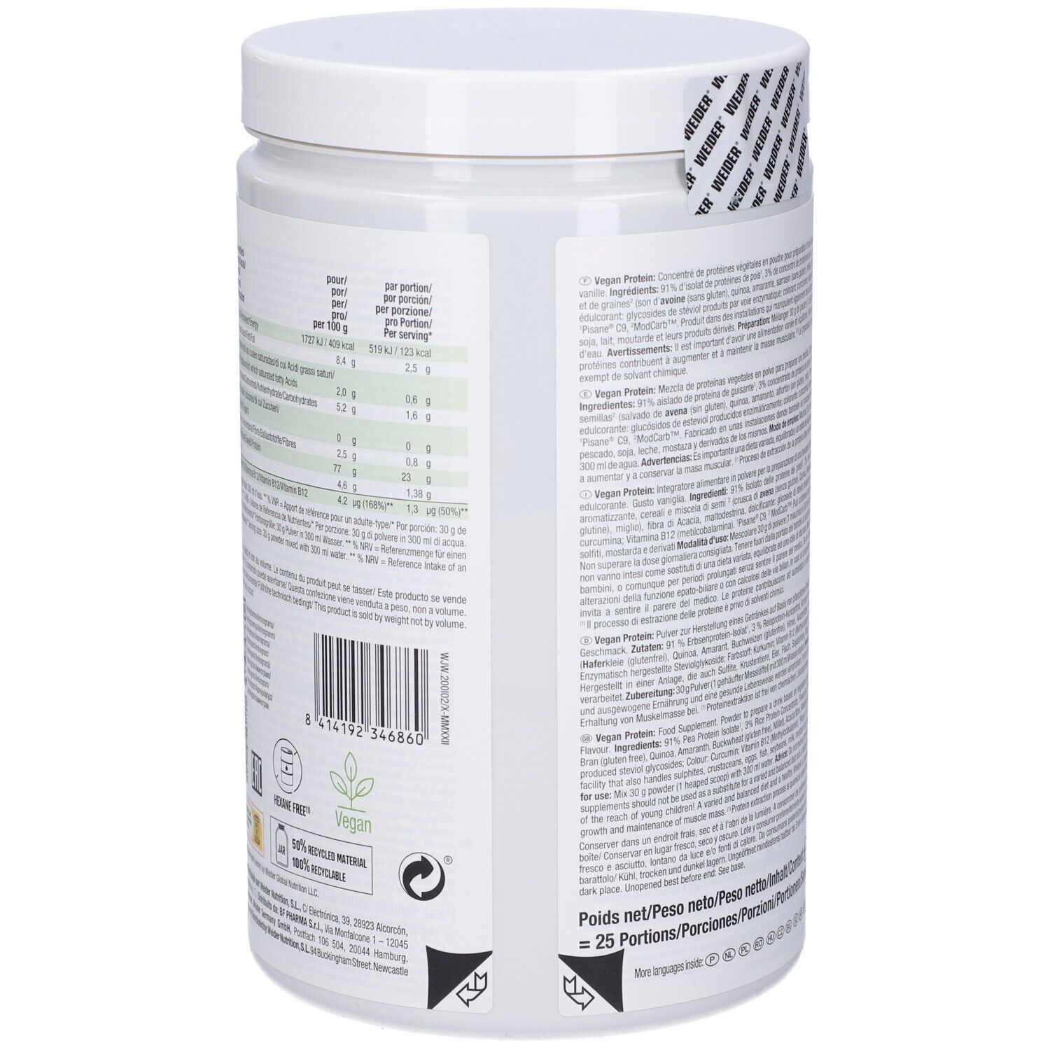 Retro del barattolo Weider Vegan Protein Vaniglia. Informazioni nutrizionali e testo. Codice a barre e loghi.