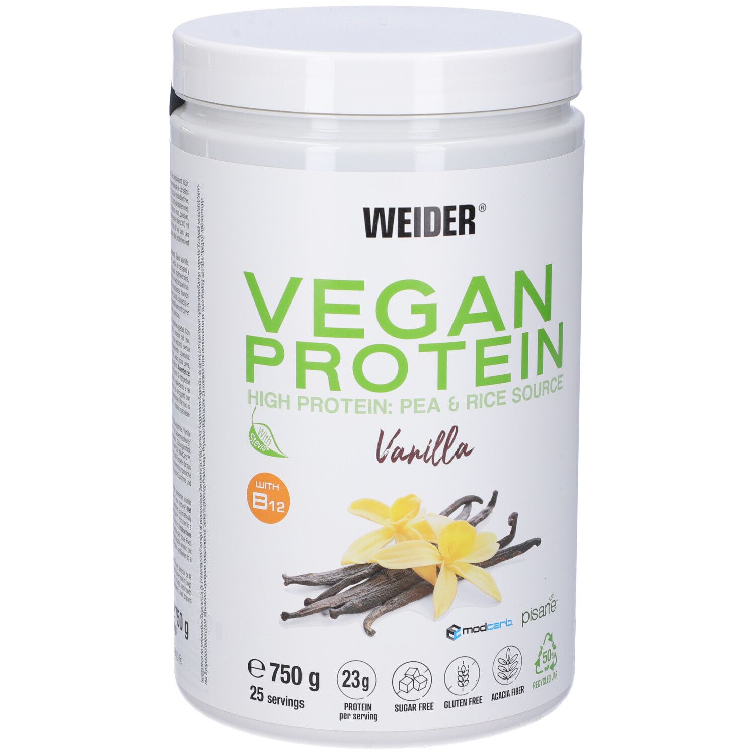 Barattolo bianco Weider Vegan Protein Vaniglia. Scritta: Vegan Protein, Vaniglia, 750g. Immagine: baccelli e fiori di vaniglia.