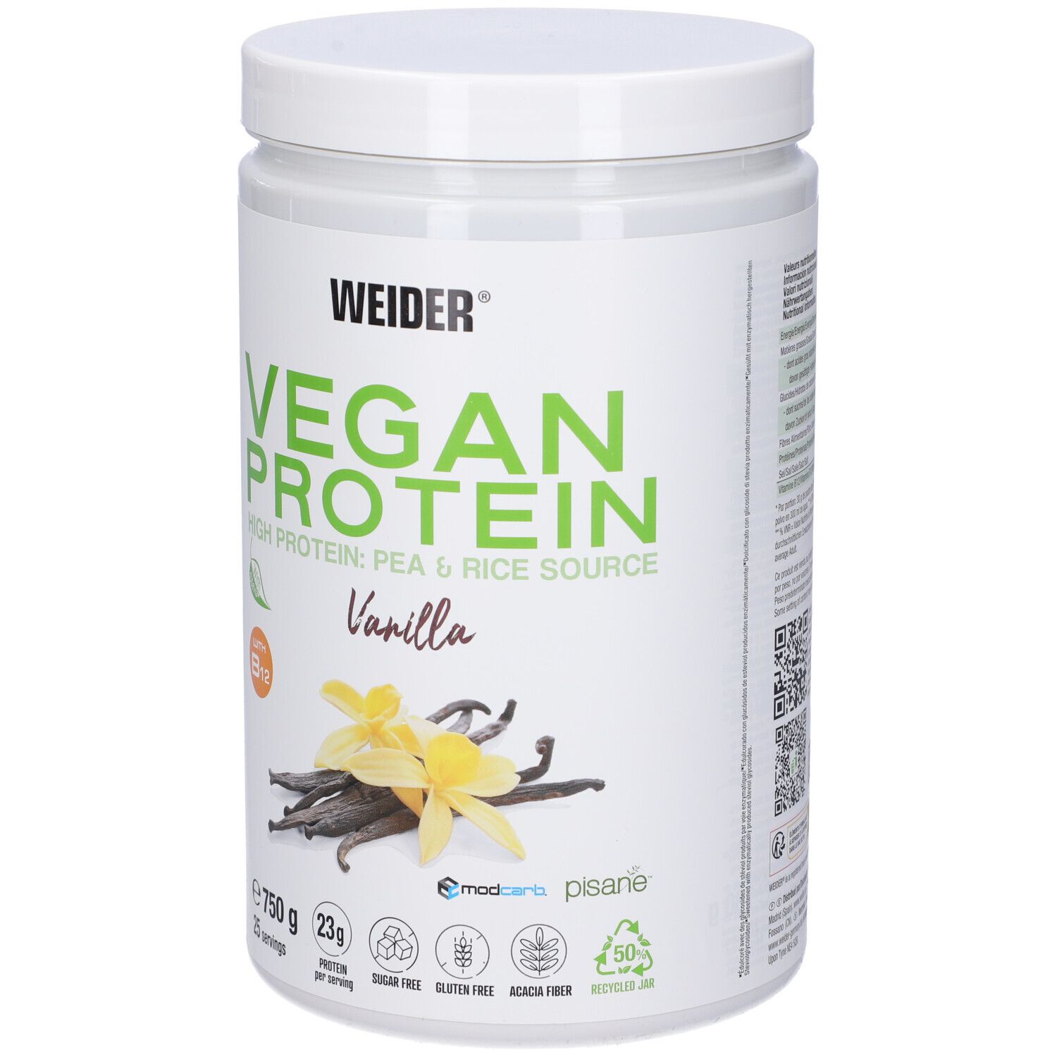 Barattolo bianco Weider Vegan Protein Vaniglia. Scritta: Vegan Protein, Vaniglia, 750g. Immagine: baccelli e fiori di vaniglia.