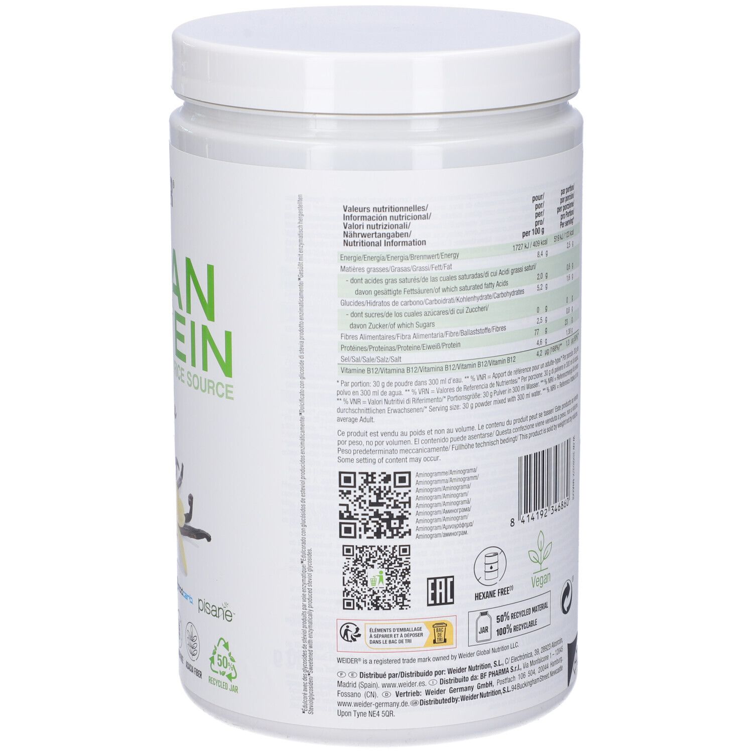 Retro del barattolo Weider Vegan Protein Vaniglia. Informazioni nutrizionali, testo e loghi. Codice QR e certificazioni.