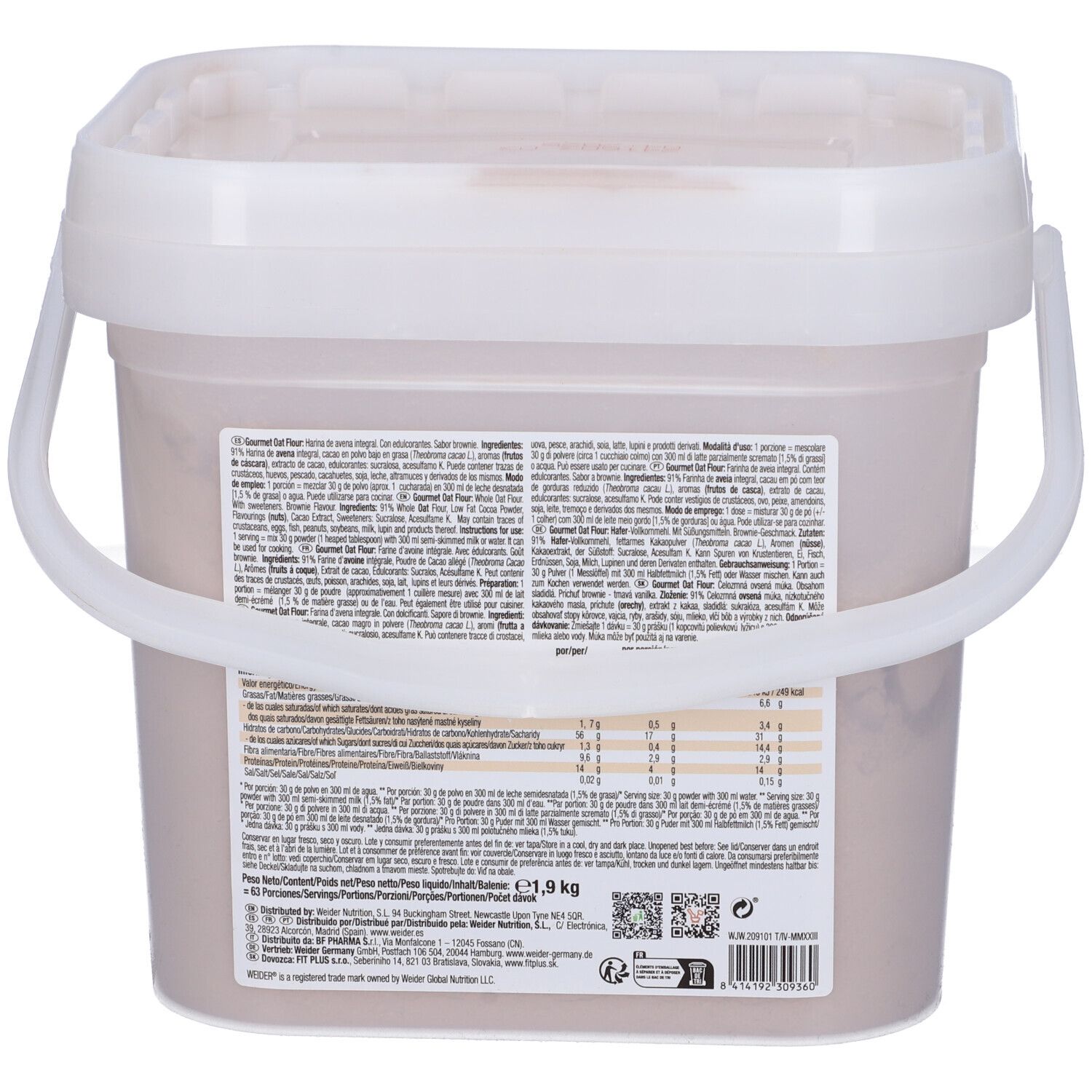 Retro del secchio Weider Gourmet Oat Flour Brownie. Contiene ingredienti, informazioni nutrizionali e codice QR. Vegano.