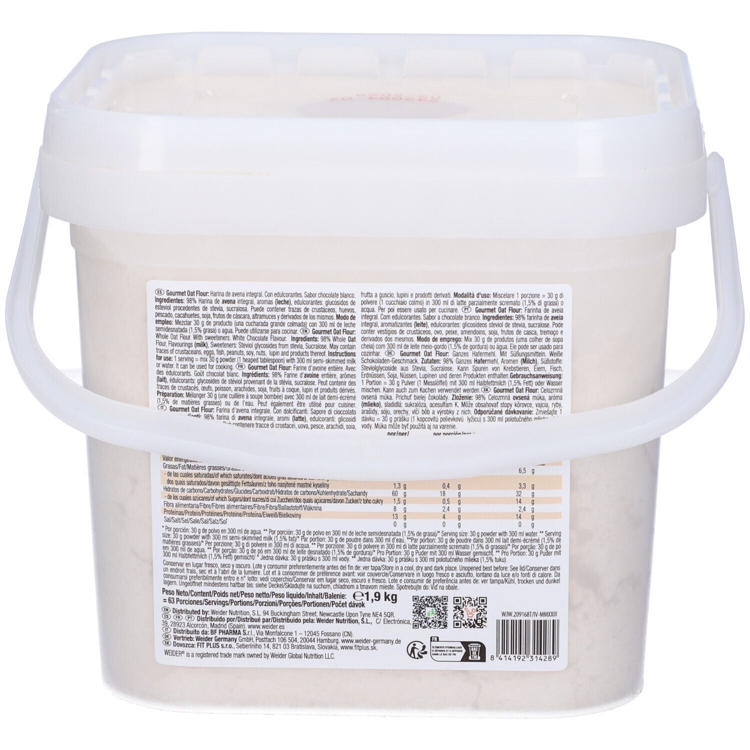 Weider Oat Flour Cioccolato Bianco. Retro del secchio con testo. Contiene informazioni nutrizionali e lista ingredienti. 1,9 kg.