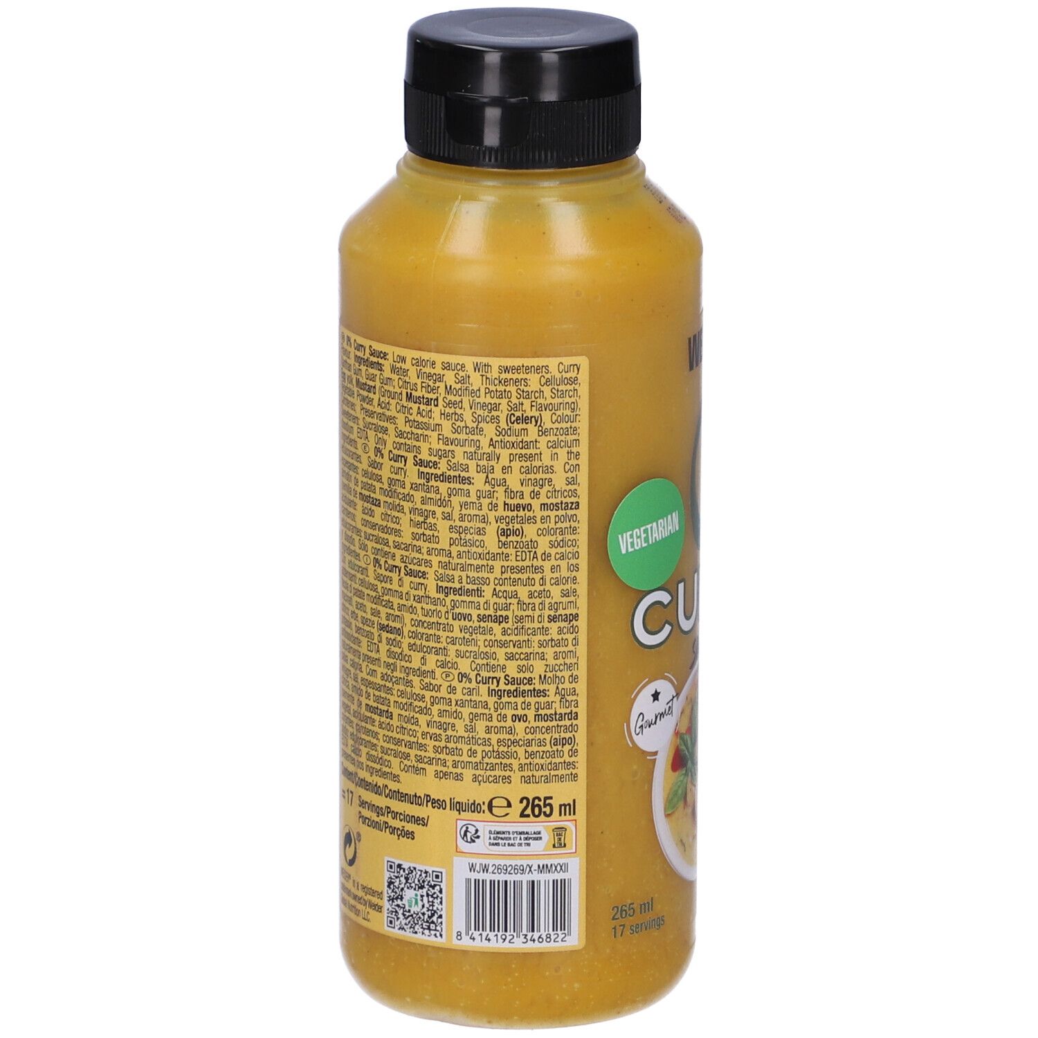 Retro della bottiglia gialla. Testo con ingredienti e informazioni nutrizionali. Codice QR e logo.