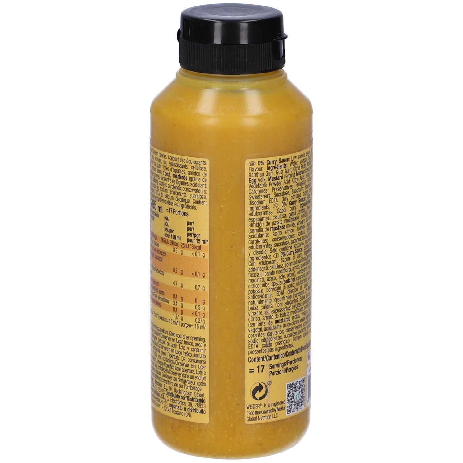 Retro della bottiglia gialla. Testo con informazioni nutrizionali. 265 ml. 17 porzioni.