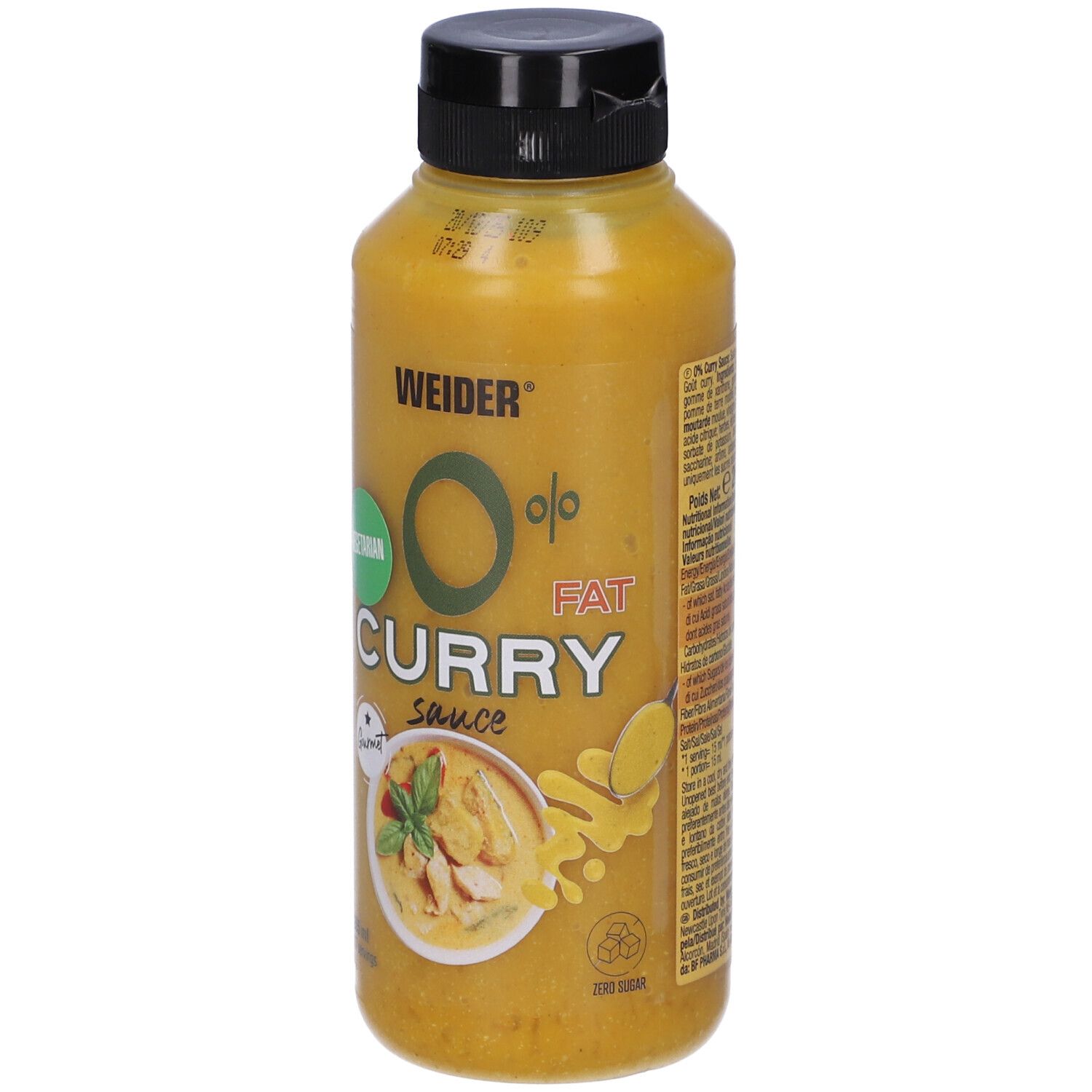 Bottiglia gialla con tappo nero. Scritta: Weider 0% Fat Curry Sauce. Vegetariano. Immagine di piatto al curry.