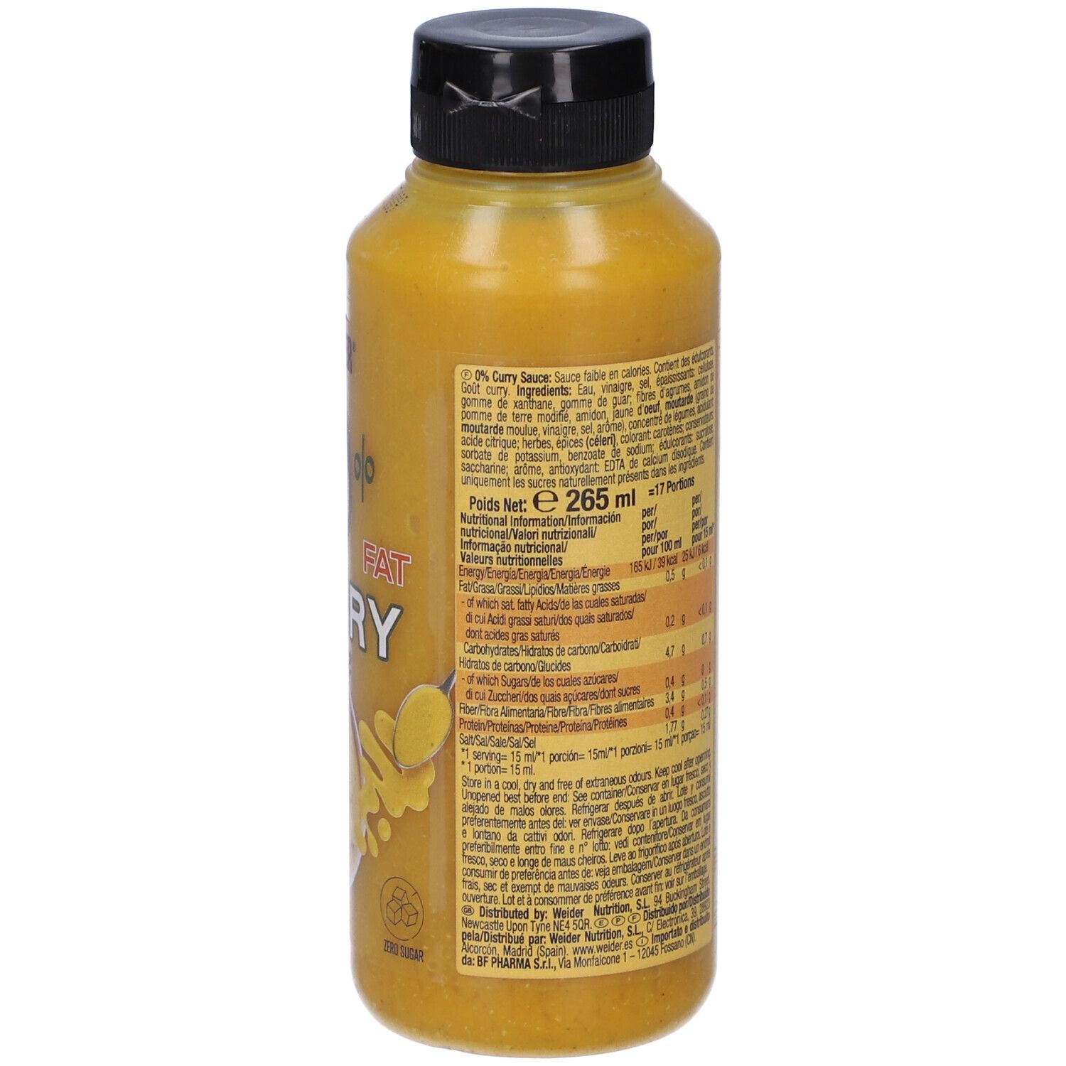 Bottiglia gialla con tappo nero. Scritta: Weider 0% Fat Curry Sauce. Vegetariano. Immagine di piatto al curry.