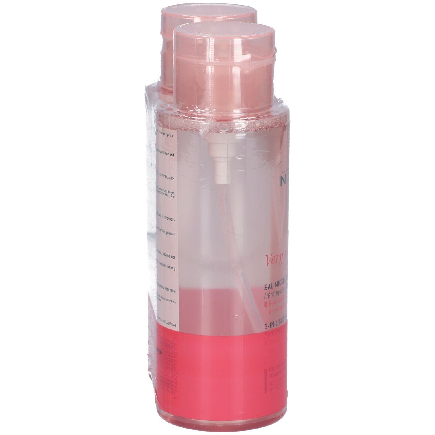 Due bottiglie NUXE Very Rose in confezione. Flaconi rosa con dosatore a pompa. Retro con testo.