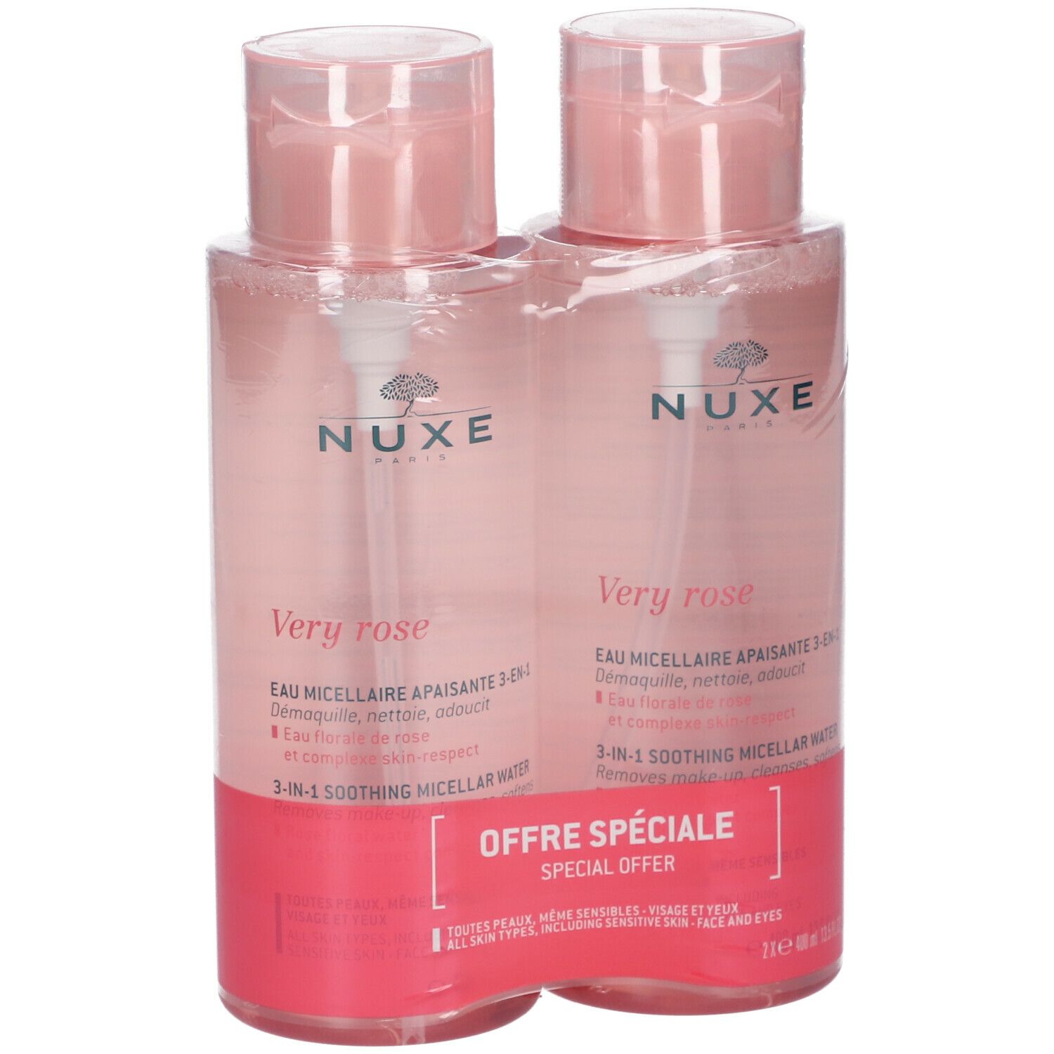 Due bottiglie NUXE Very Rose in confezione. Flaconi rosa con dosatore a pompa. Scritta: Offre Spéciale.