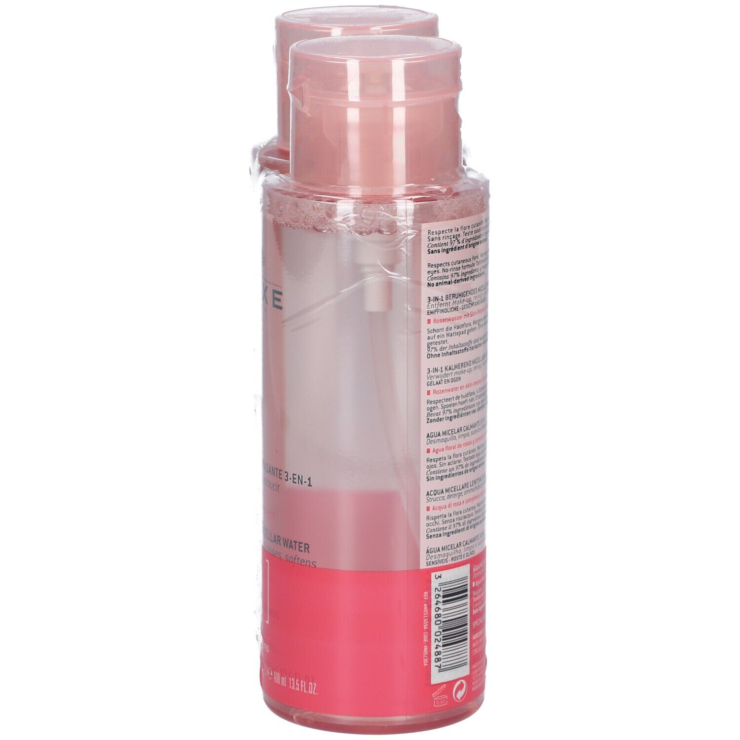 Due bottiglie NUXE Very Rose in confezione. Flaconi rosa con dosatore a pompa. Retro con testo.