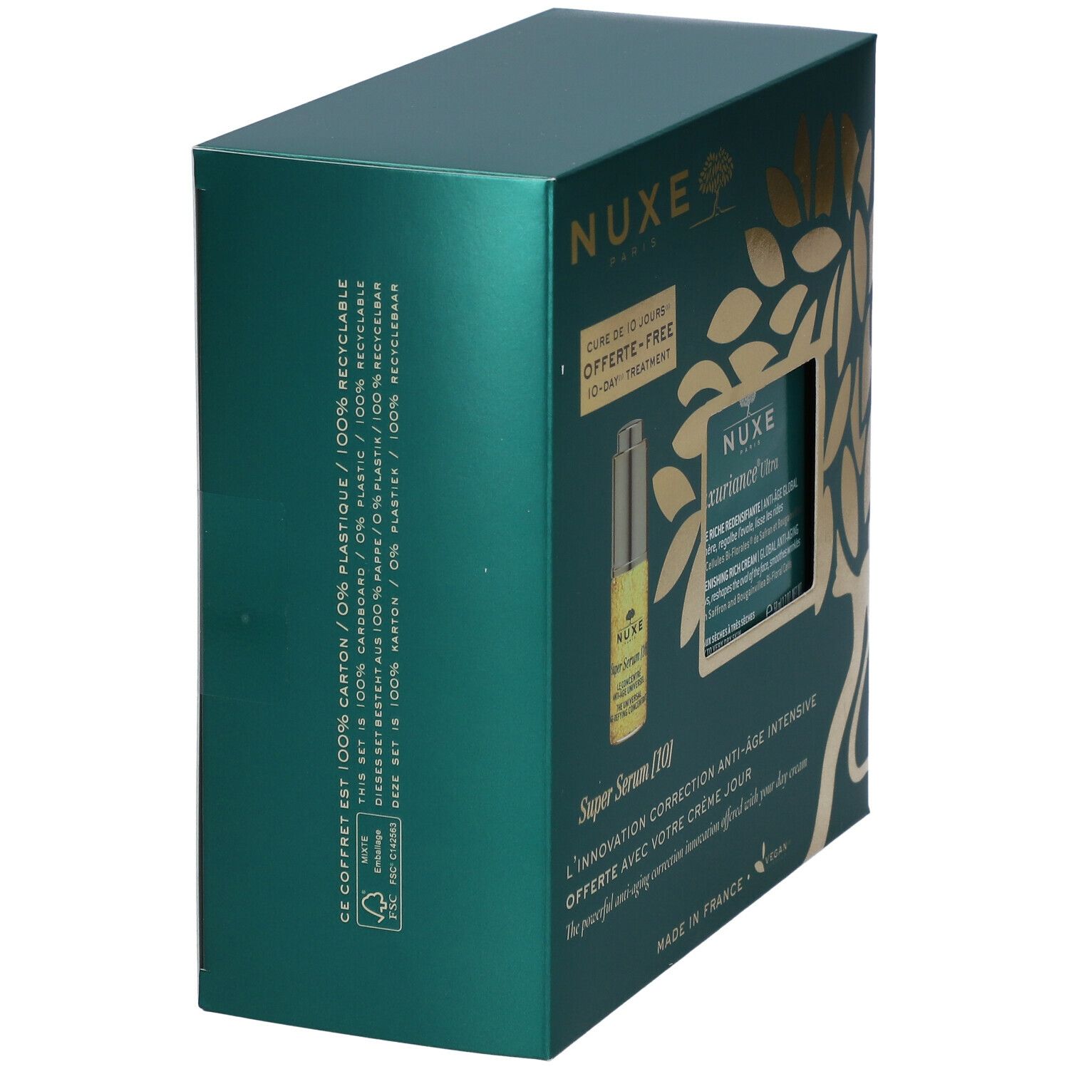 Confezione regalo NUXE verde. Vista laterale. Testo: NUXE Paris. Cure de 10 jours offerte-free 10-day treatment. 100% riciclabile.