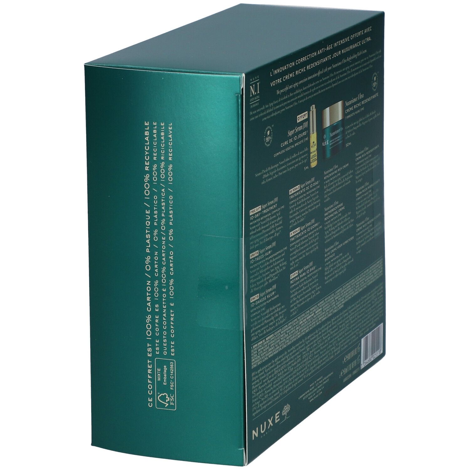Vista laterale della confezione regalo NUXE verde. Testo: NUXE Paris. 100% riciclabile. Retro con testo.