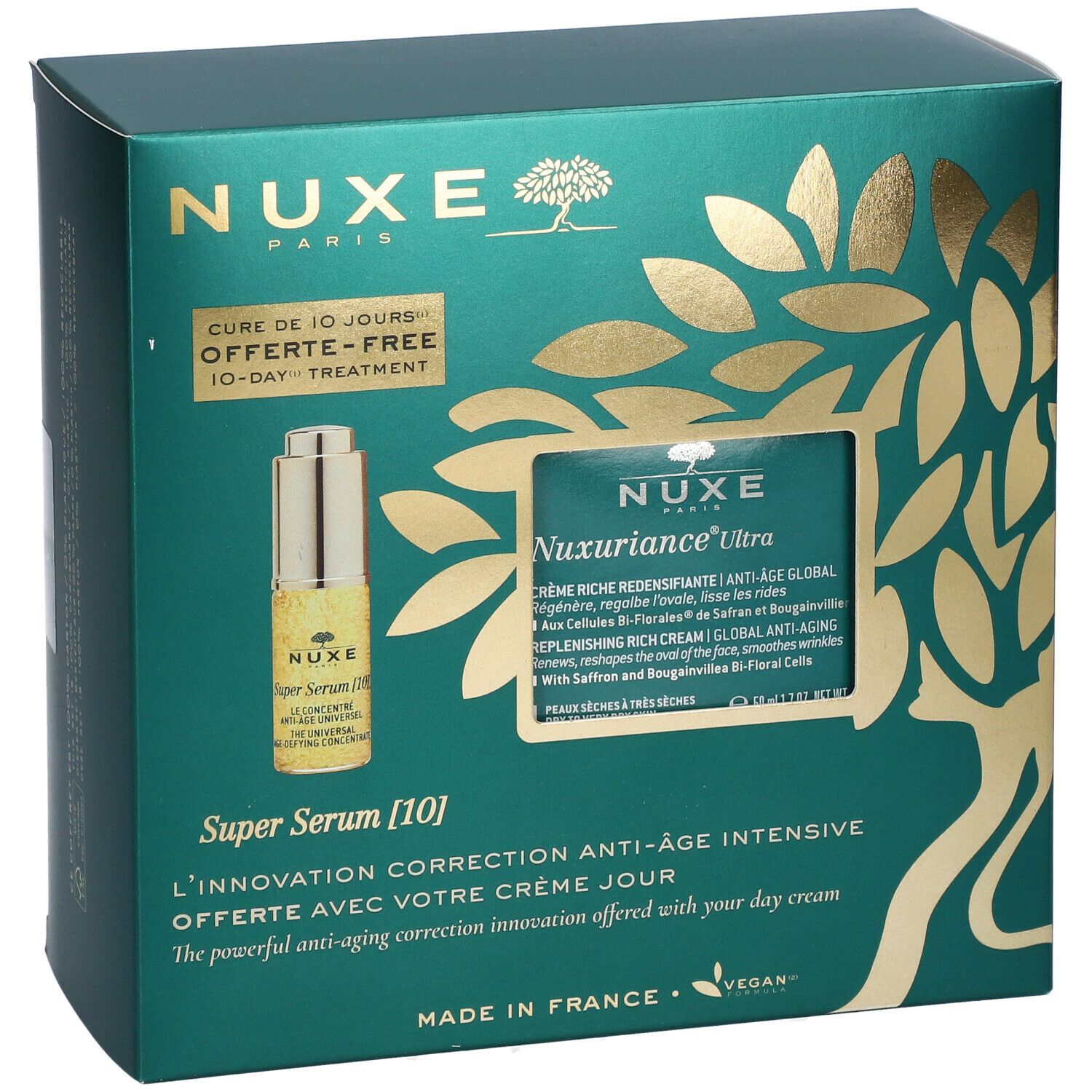 Confezione regalo NUXE verde e oro. Contiene Super Serum [10] e crema Nuxuriance Ultra. Testo: Cure de 10 jours offerte-free 10-day treatment.