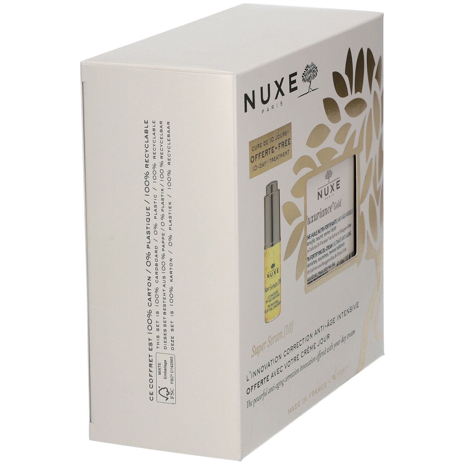 Scatola bianca, vista laterale. Testo: NUXE, 100% riciclabile. Contiene un'immagine di Super Serum [10] e Nuxuriance Gold.