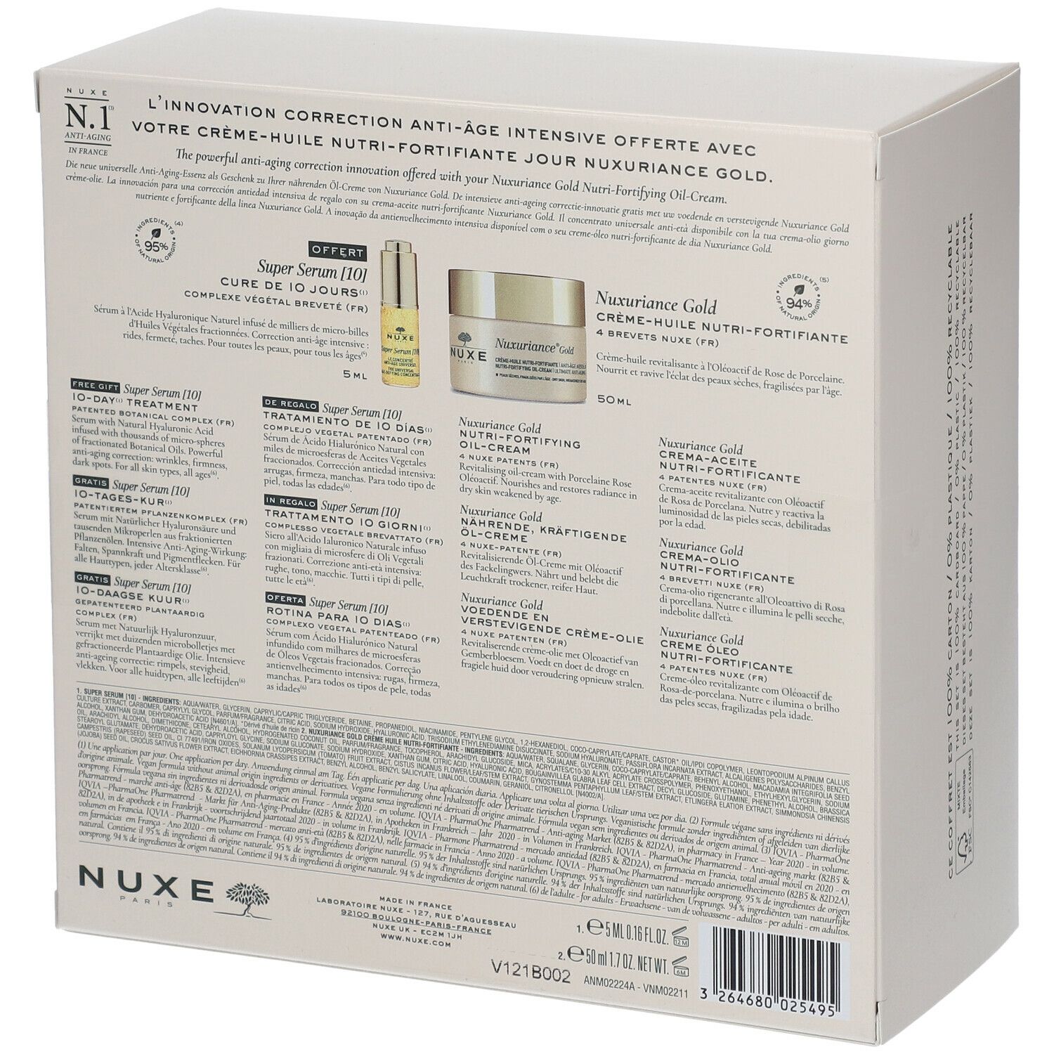 Retro della scatola bianca. Testo: NUXE, Nuxuriance Gold, Super Serum [10]. Informazioni sul prodotto in più lingue.