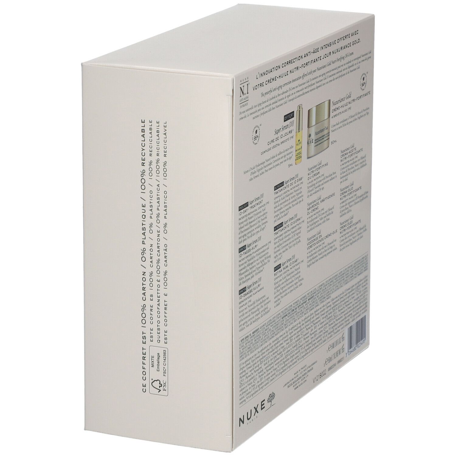 Vista laterale della scatola bianca. Testo: NUXE, 100% riciclabile. Contiene un'immagine di Super Serum [10] e Nuxuriance Gold.