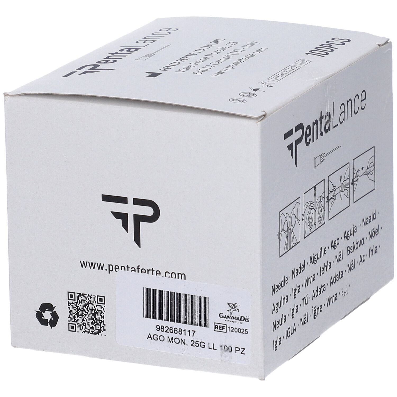 Scatola bianca con immagine e testo del prodotto. Scritto: PentaLance. Sul lato: AGO MON. 25G LL 100 PZ.