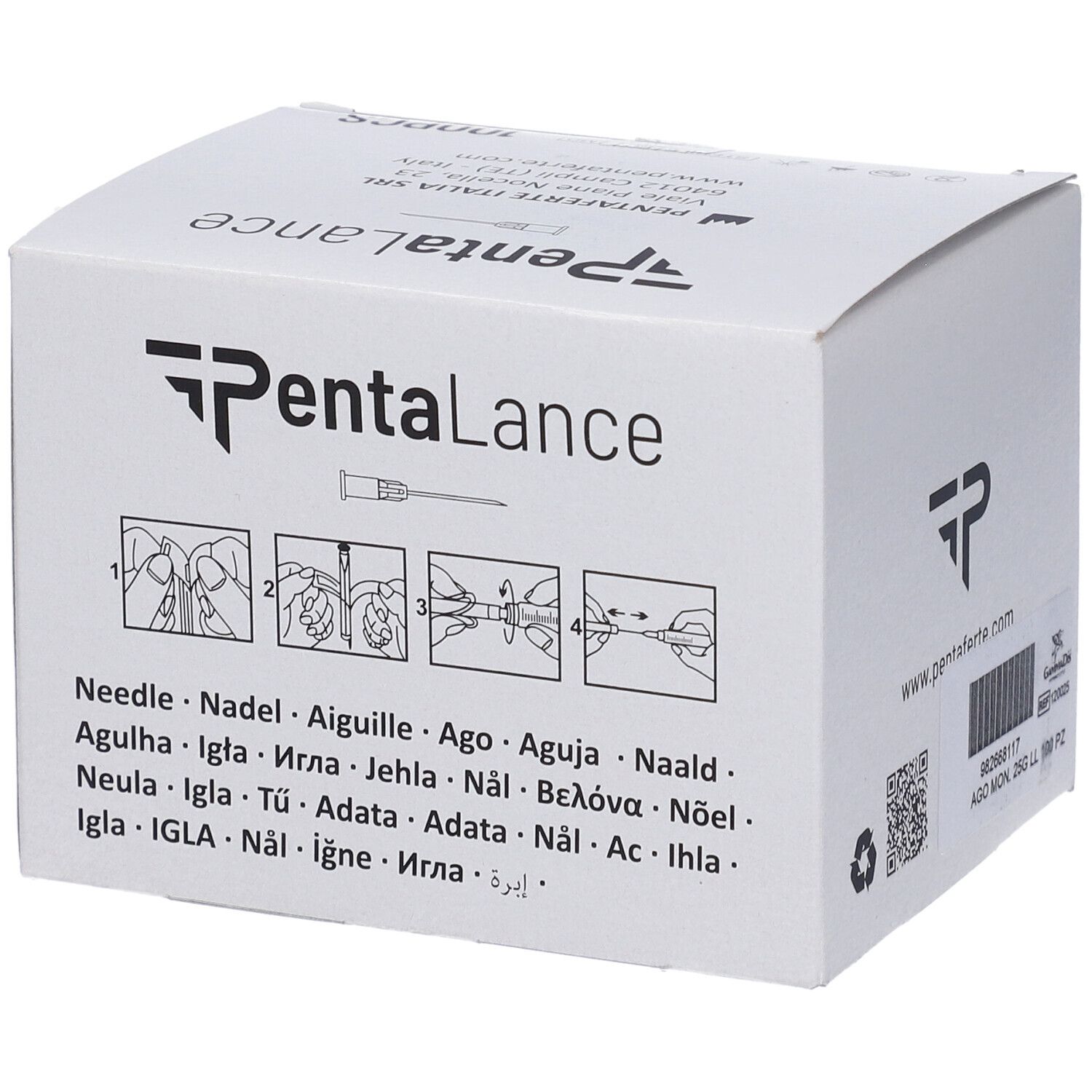 Scatola bianca con immagine e testo del prodotto. Scritto: PentaLance, 100PCS. Illustrazioni dell'uso dell'ago.