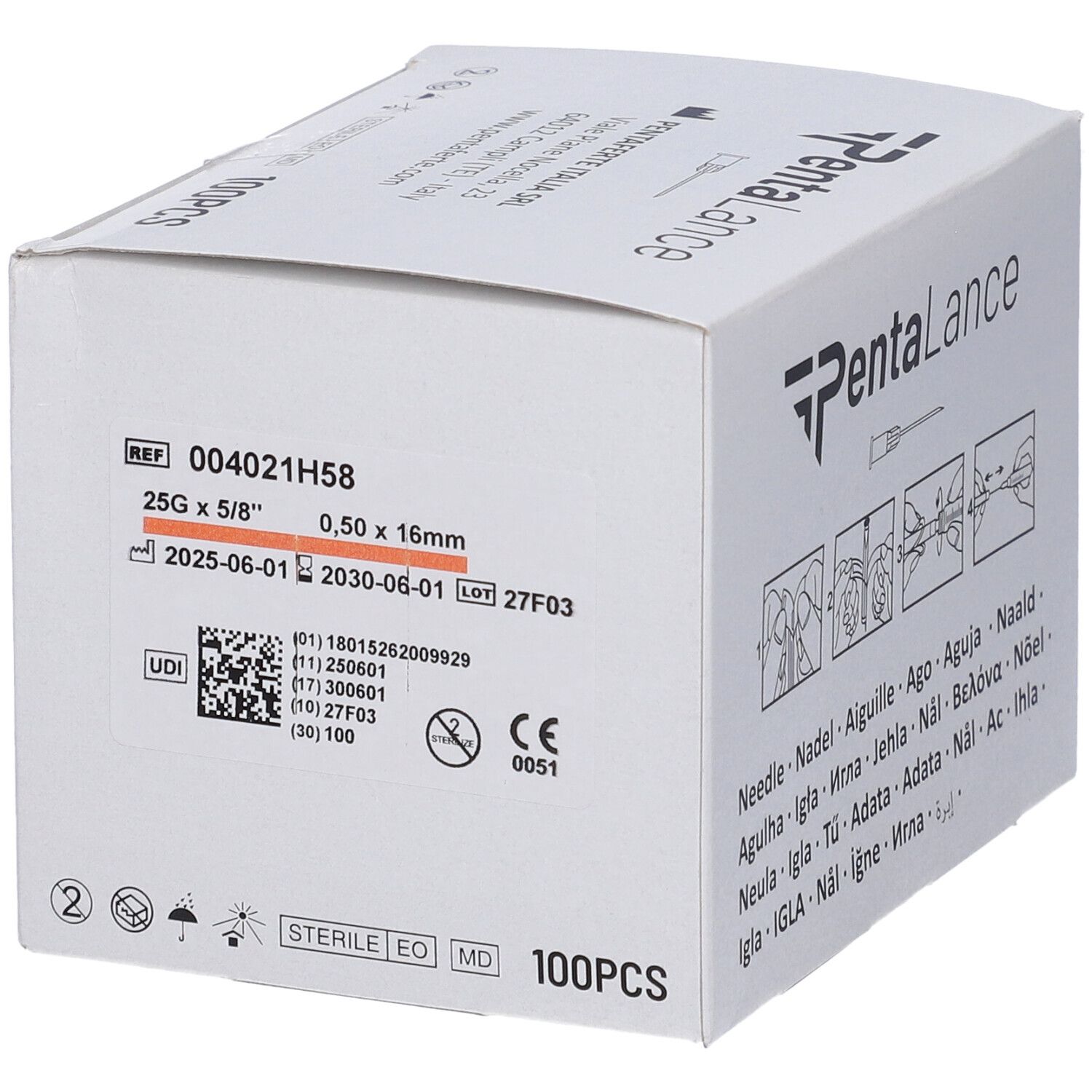 Scatola bianca con immagine e testo del prodotto. Scritto: PentaLance, 100PCS. Sul lato: 25G 5/8, 0,50 x 16mm.
