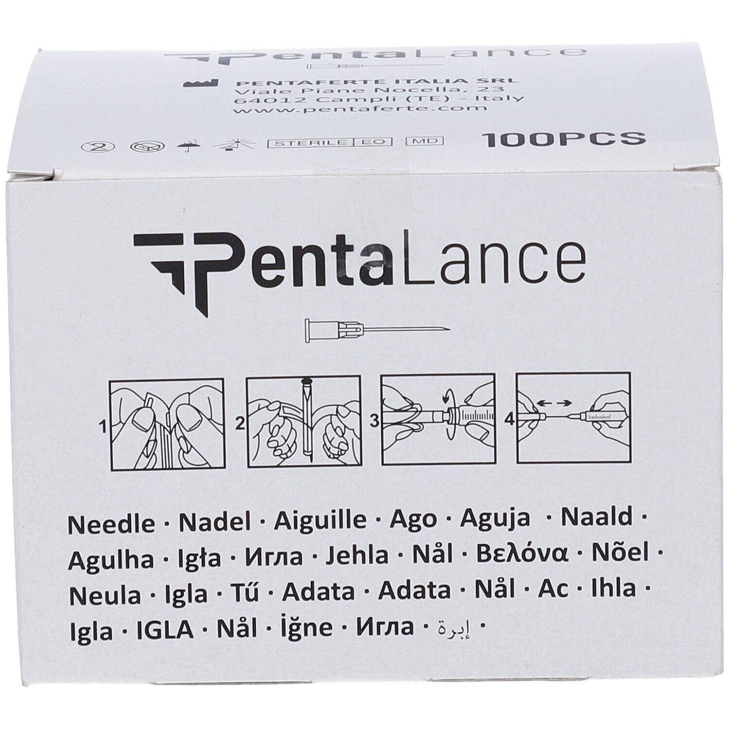 Scatola bianca con immagine e testo del prodotto. Scritto: PentaLance, 100PCS. Illustrazioni dell'uso dell'ago.