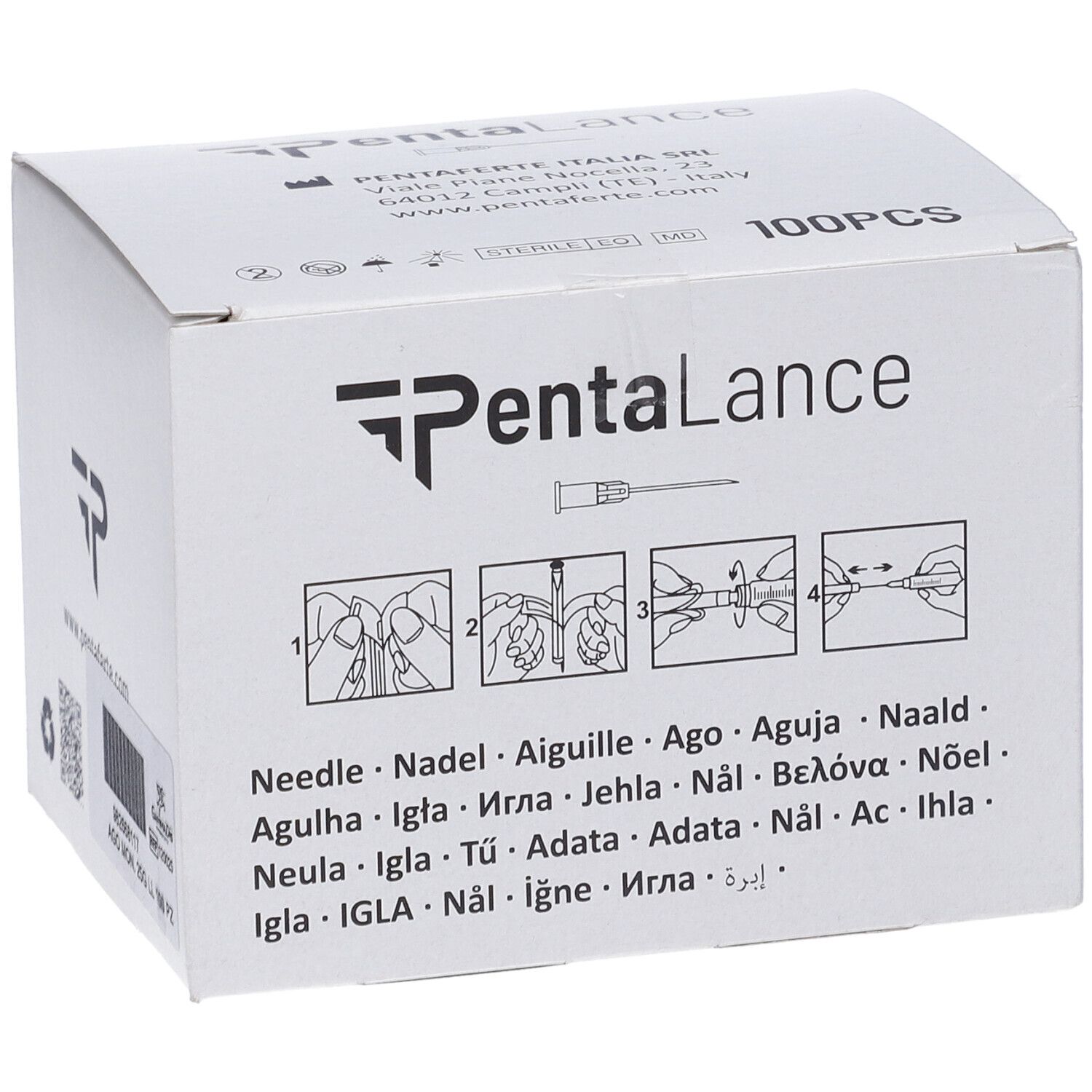 Scatola bianca con immagine e testo del prodotto. Scritto: PentaLance, 100PCS. Illustrazioni dell'uso dell'ago.