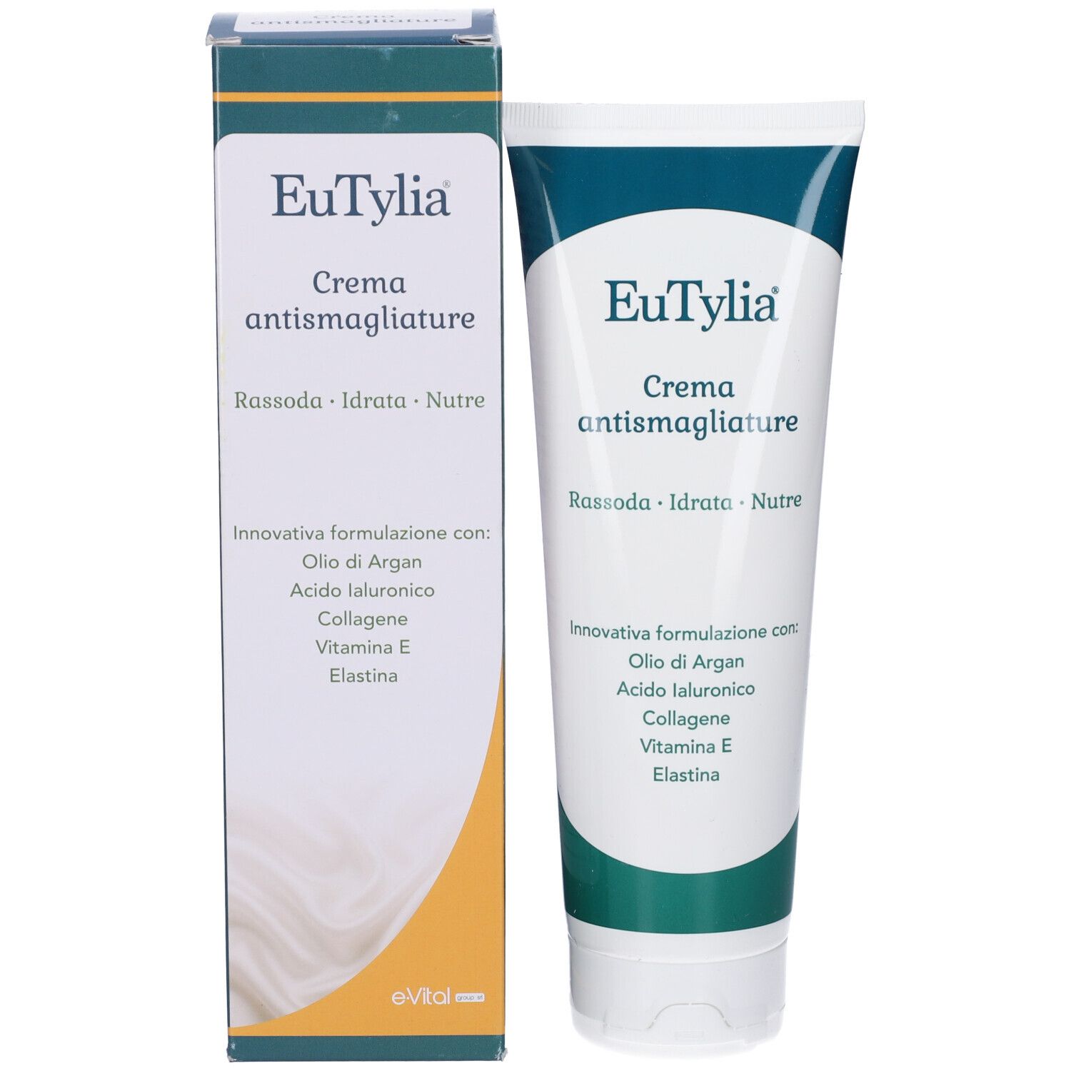 Tubo e confezione Eutylia Crema Antismagliature. Contiene olio di argan, acido ialuronico, collagene, vitamina E, elastina.