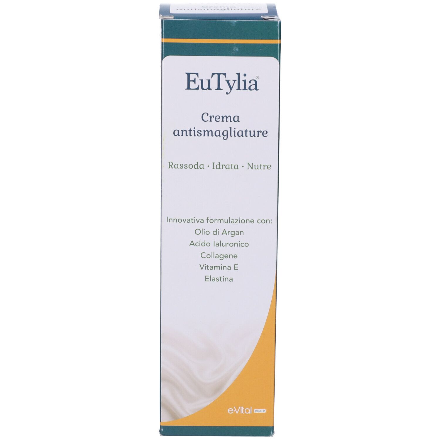 Confezione Eutylia Crema Antismagliature. Contiene olio di argan, acido ialuronico, collagene, vitamina E, elastina.