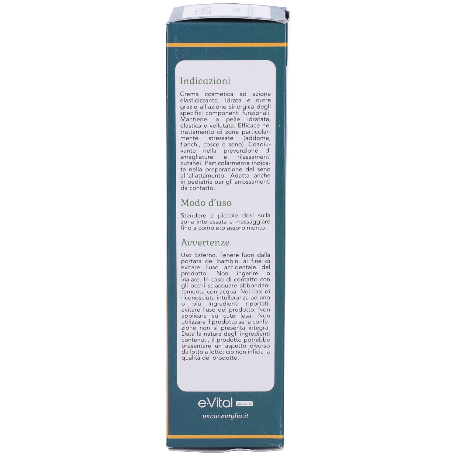 Retro della confezione Eutylia Crema Antismagliature con indicazioni e modo d'uso.