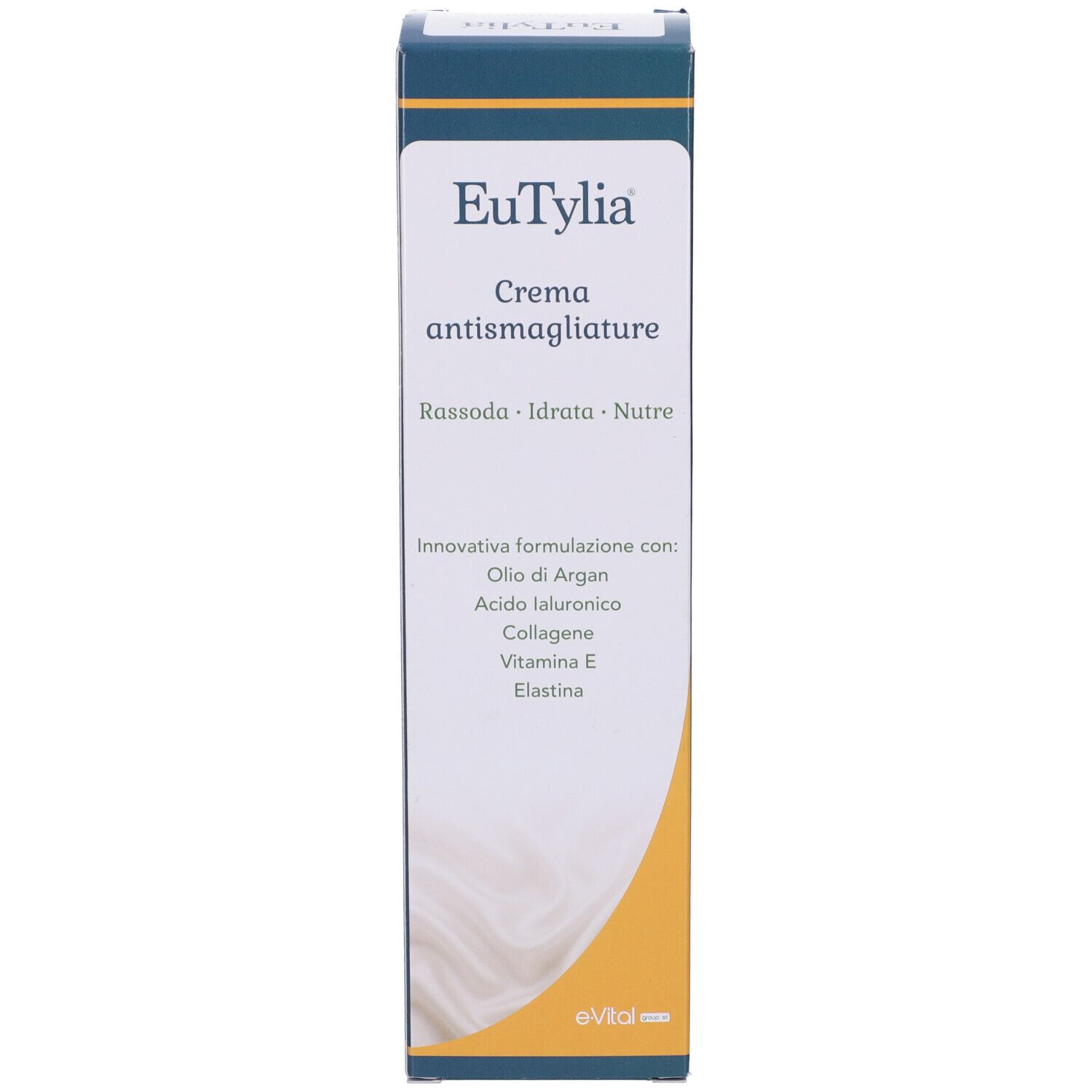 Fronte della confezione Eutylia Crema Antismagliature. Contiene olio di argan, acido ialuronico, collagene, vitamina E, elastina.