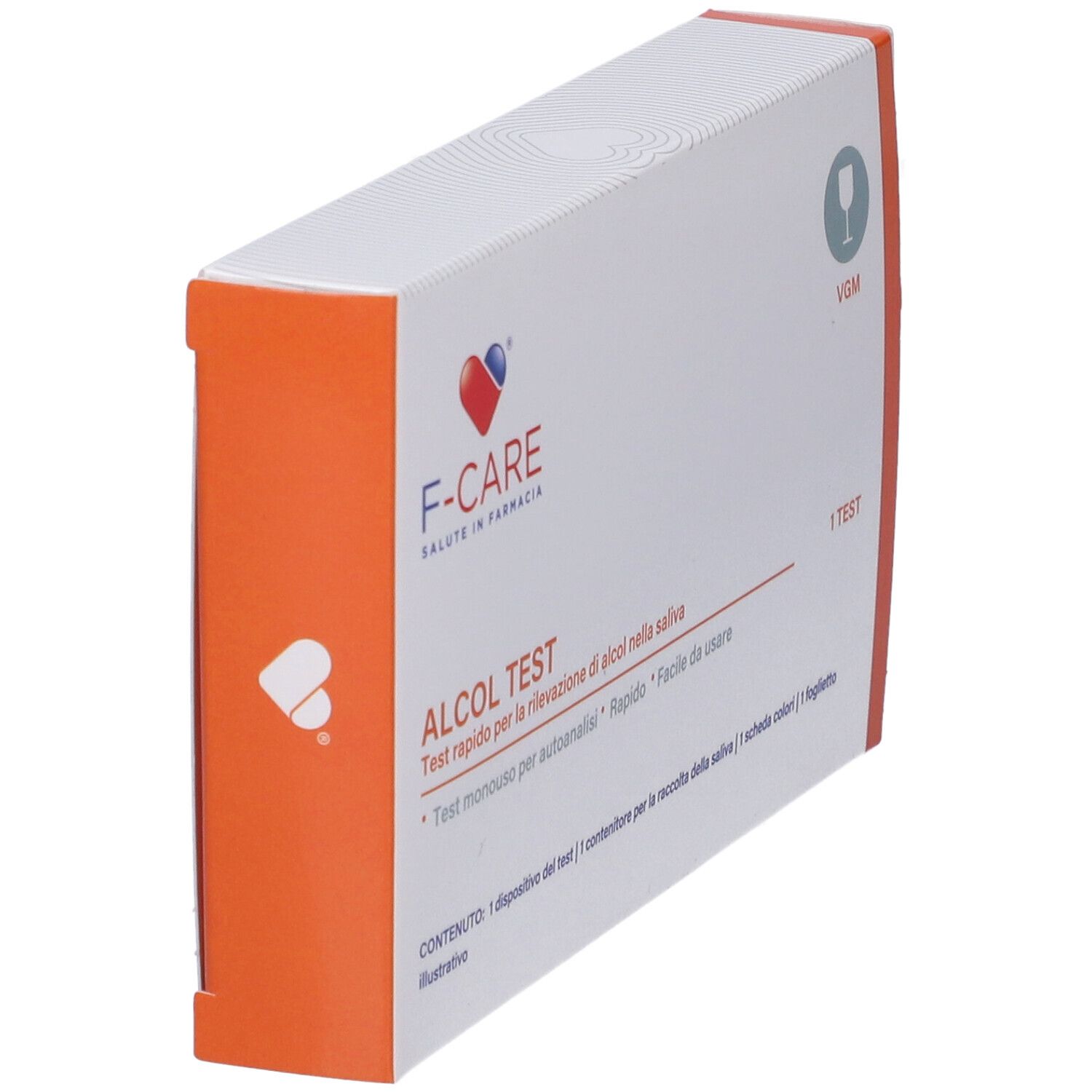 Confezione test alcol F-CARE, angolata. Bianca con lati arancioni. Contiene 1 test. Logo cuore e simbolo bicchiere.