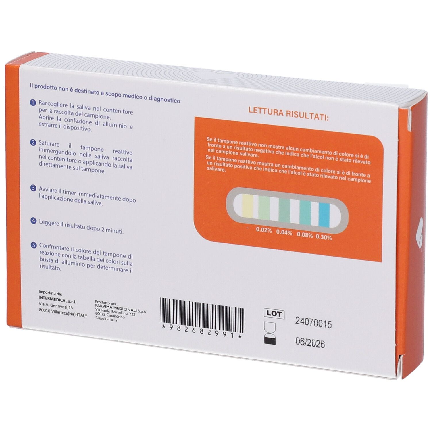 Retro della confezione test alcol F-CARE. Istruzioni e tabella risultati. Codice a barre e numero di lotto.