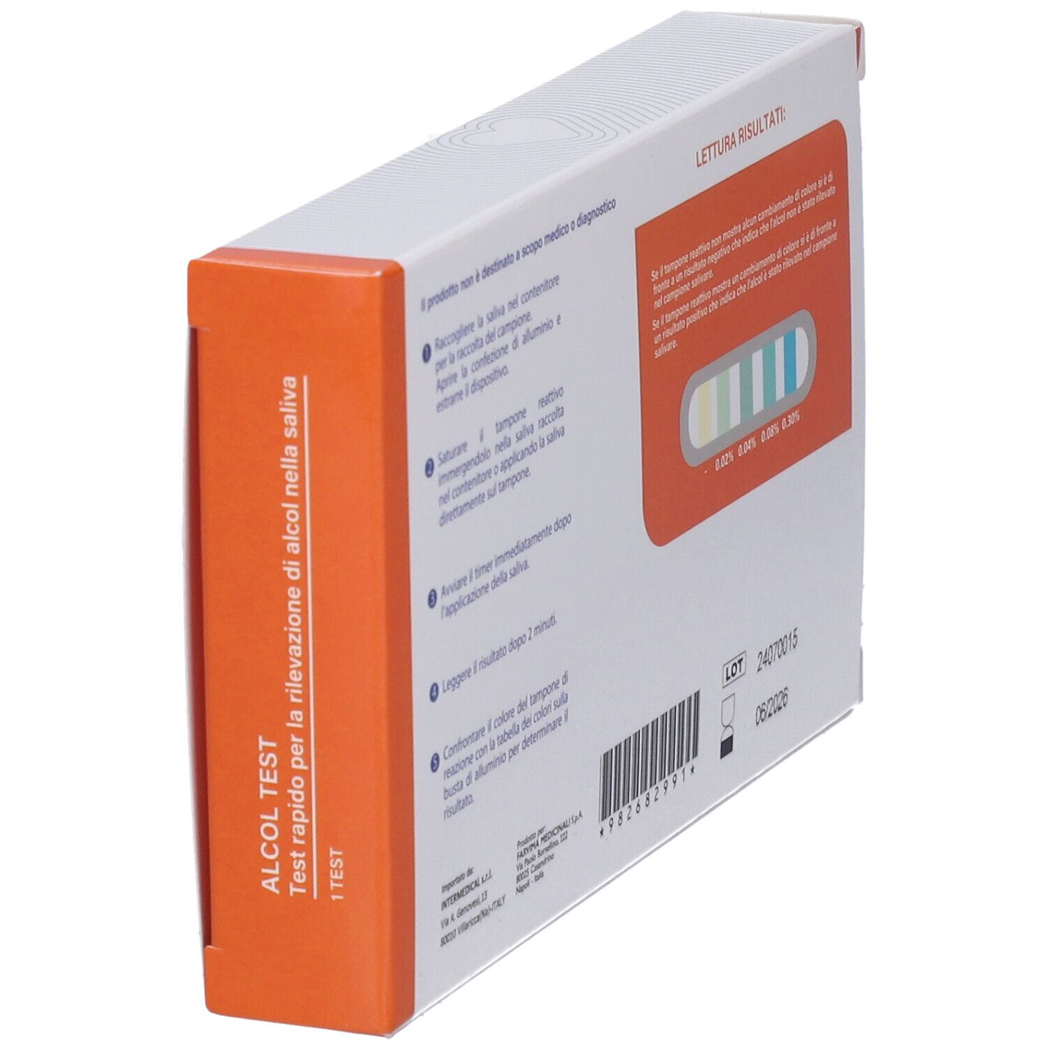 Vista angolata del retro della confezione test alcol F-CARE. Istruzioni e tabella risultati. Codice a barre.