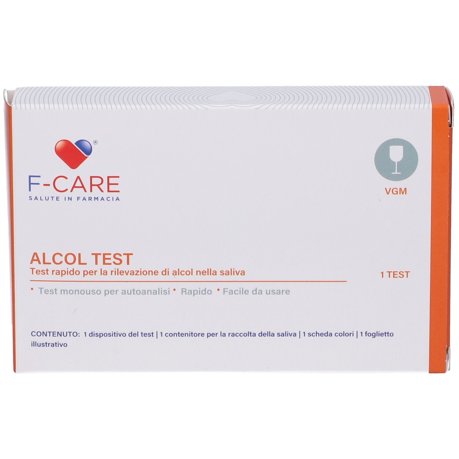 Confezione test alcol F-CARE. Bianca con testo rosso e arancione. Contiene 1 test. Logo cuore e simbolo bicchiere.