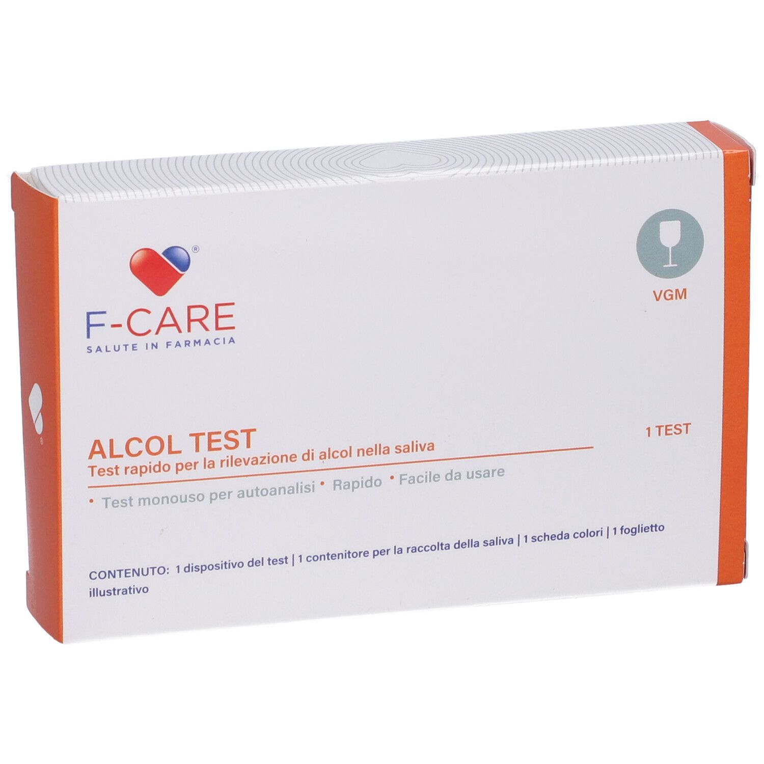 Confezione test alcol F-CARE. Bianca con testo rosso e arancione. Contiene 1 test. Logo cuore e simbolo bicchiere.