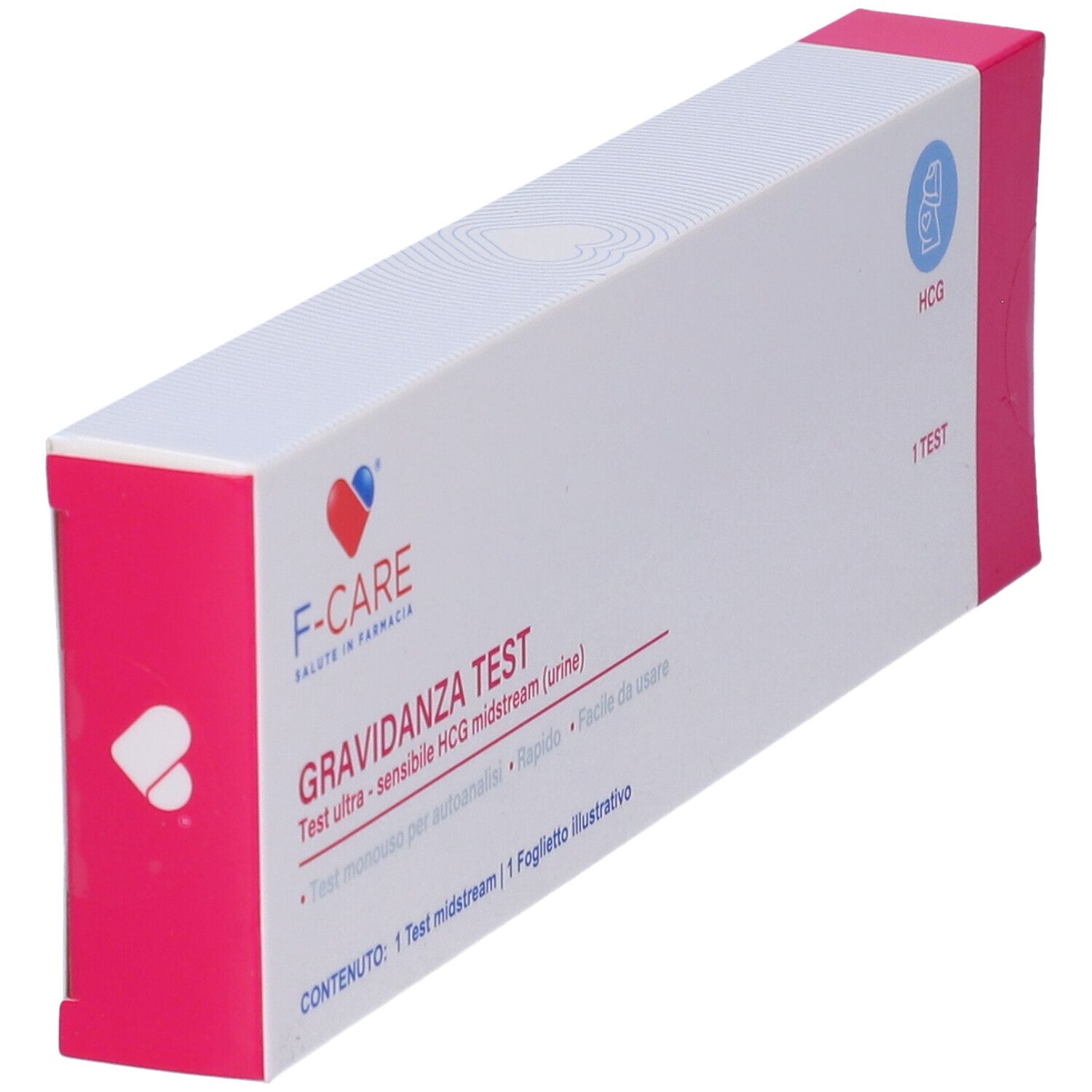 Vista angolata della confezione del test di gravidanza. Bianco e rosa. Testo: F-CARE, Gravidanza Test, HCG.
