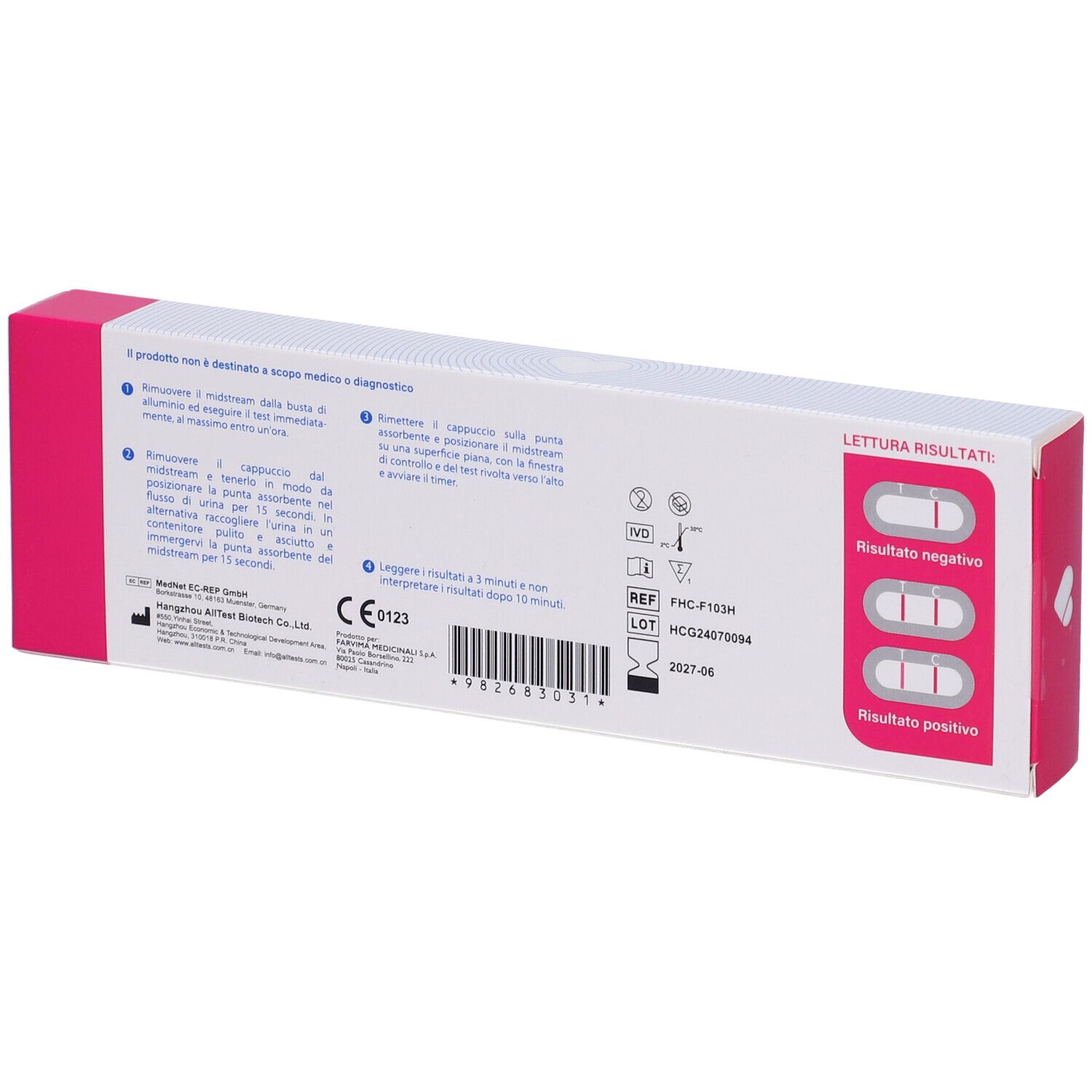 Retro della confezione del test di gravidanza. Testo: risultati, marchio CE, numero di lotto. Schemi.