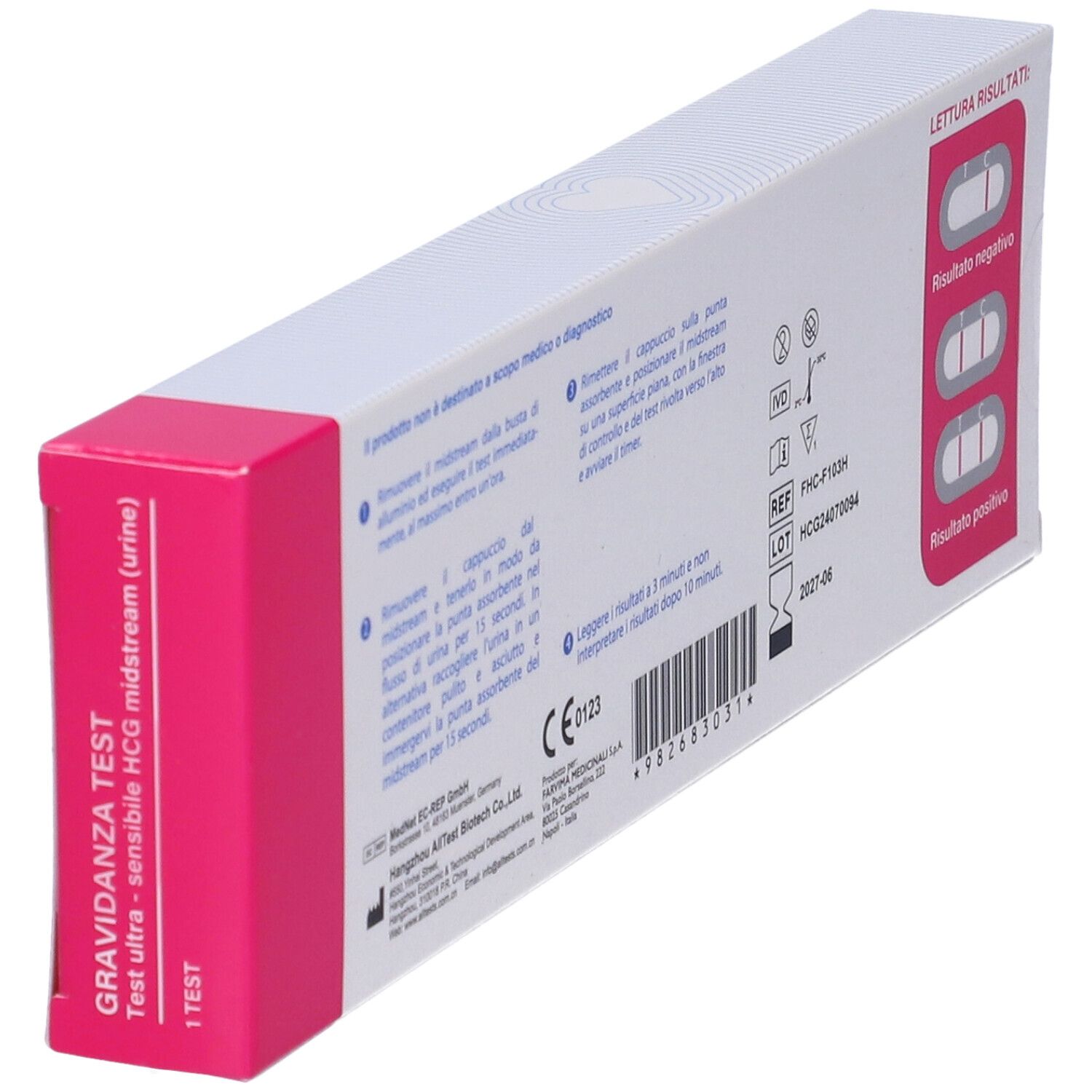 Vista angolata del retro della confezione del test di gravidanza. Testo: risultati, marchio CE. Schemi.