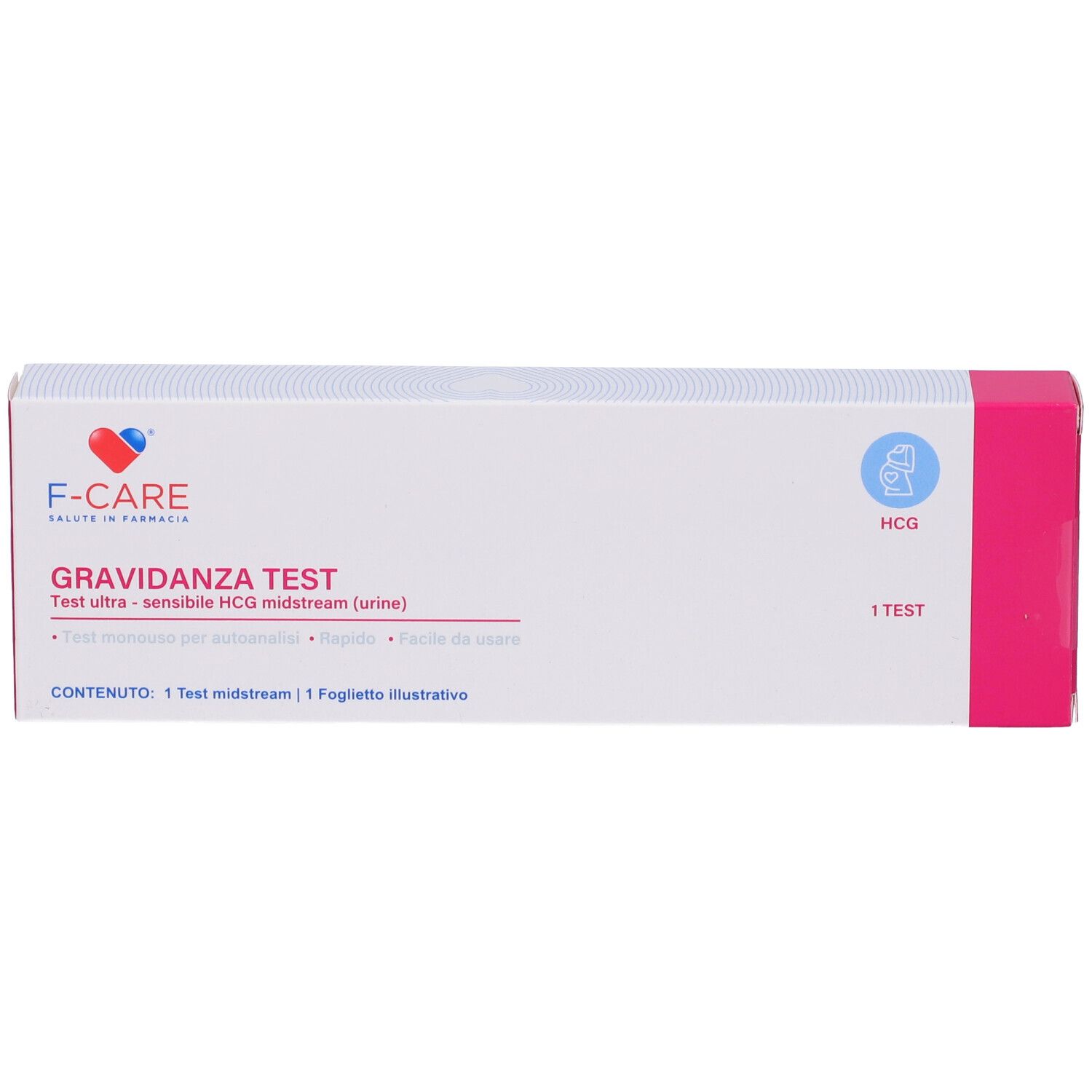 Confezione test di gravidanza. Bianco e rosa. Testo: F-CARE, Gravidanza Test, HCG. Contiene 1 test.