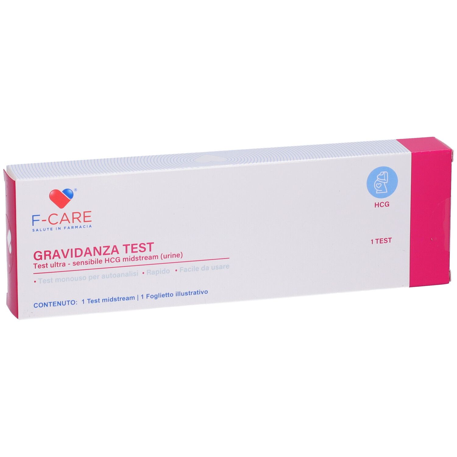 Confezione test di gravidanza. Bianco e rosa. Testo: F-CARE, Gravidanza Test, HCG. Contiene 1 test.