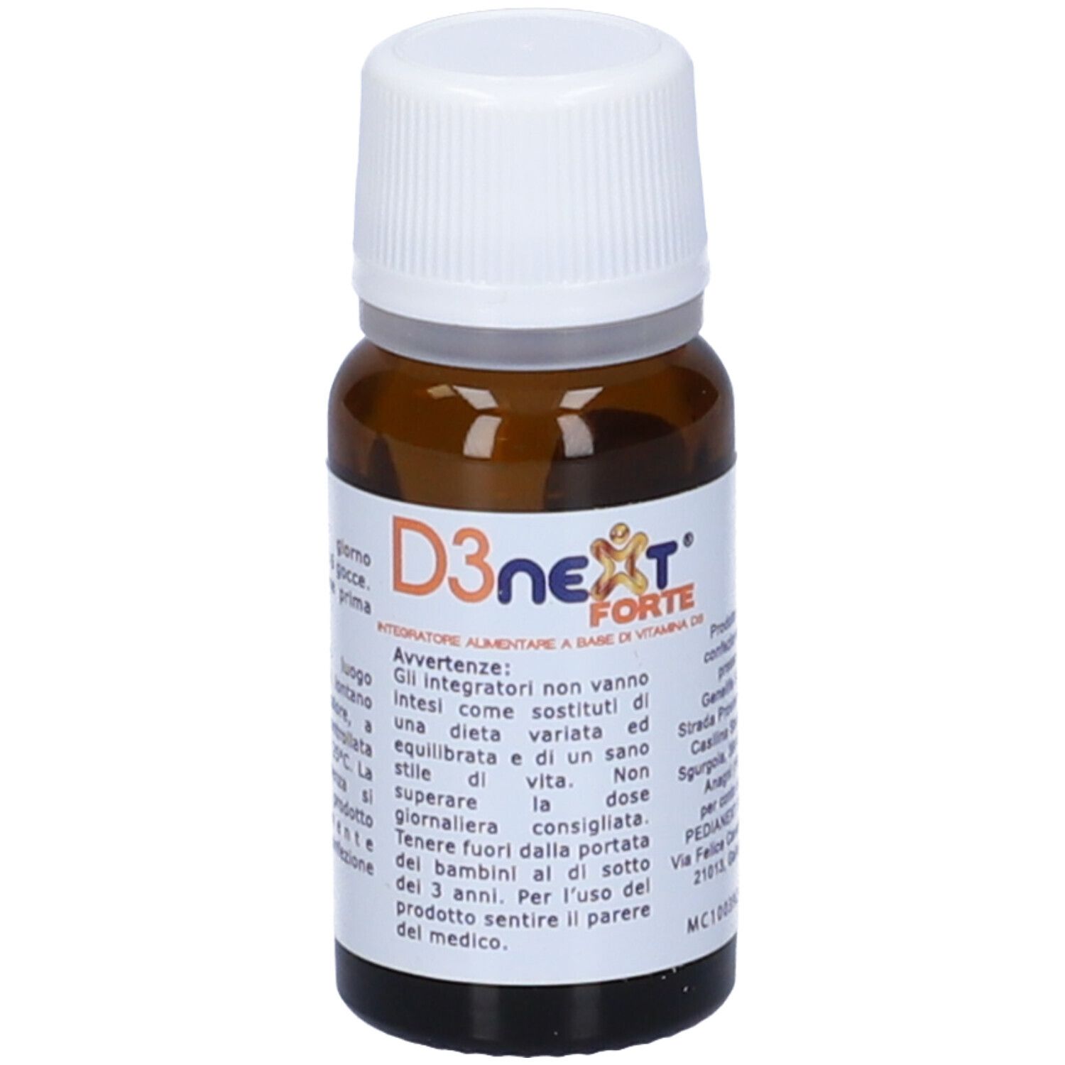 Flacone di vetro marrone con tappo bianco. Etichetta con nome del prodotto e avvertenze. Contiene vitamina D.