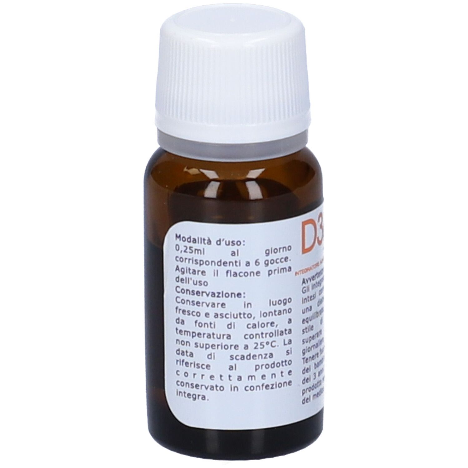 Flacone di vetro marrone con tappo bianco. Etichetta con nome del prodotto e informazioni sul dosaggio. Contiene vitamina D.