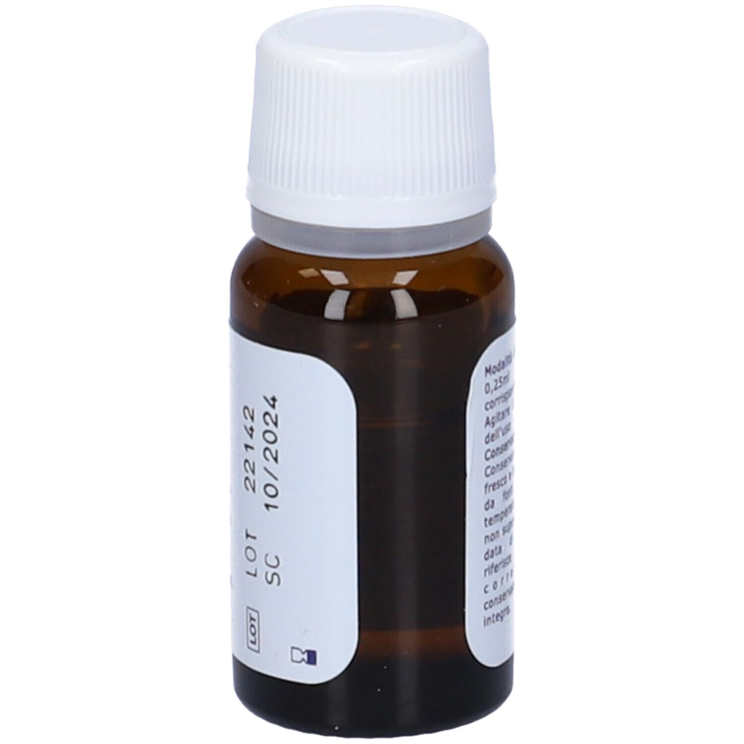 Flacone di vetro marrone con tappo bianco. Etichetta con nome del prodotto, numero di lotto e data di scadenza. Contiene vitamina D.