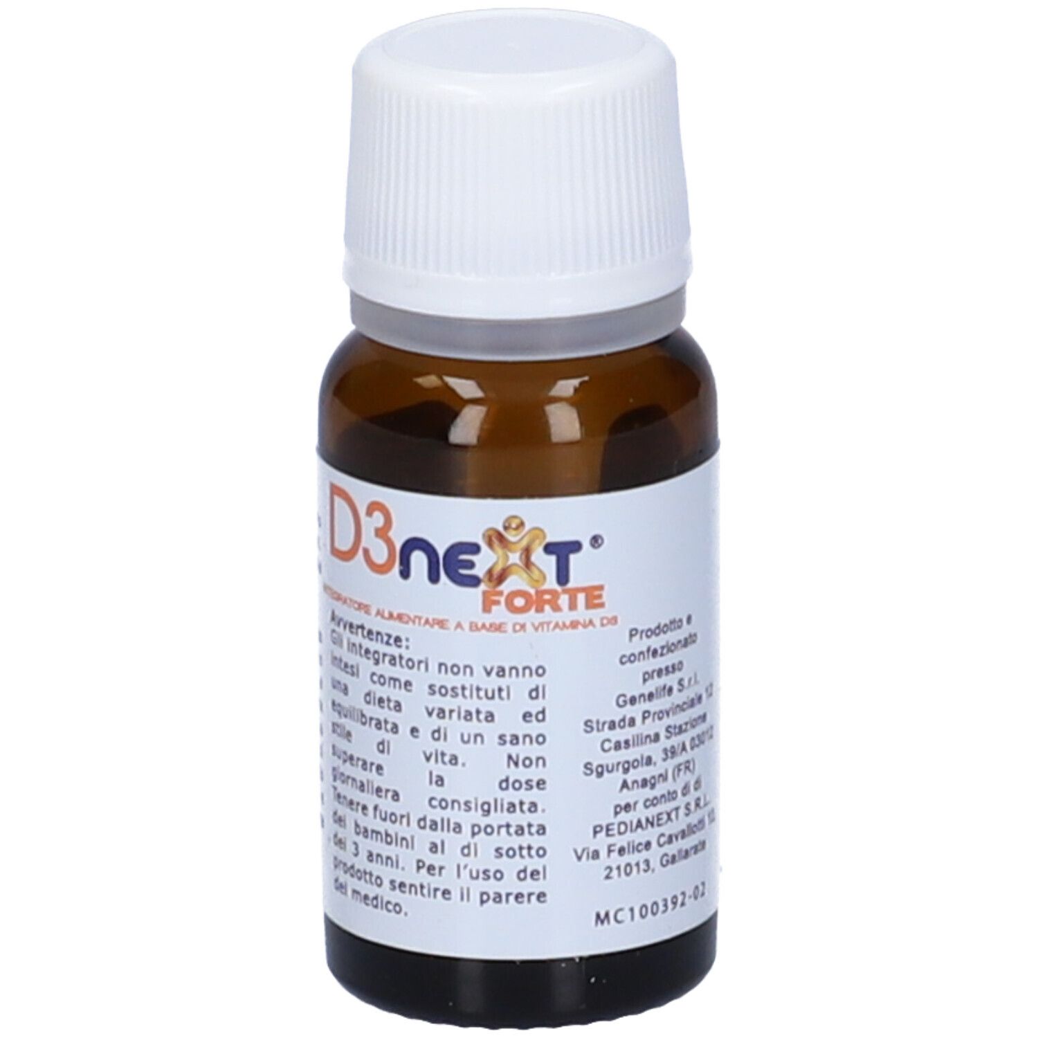 Flacone di vetro marrone con tappo bianco. Etichetta con nome del prodotto e avvertenze. Contiene vitamina D.
