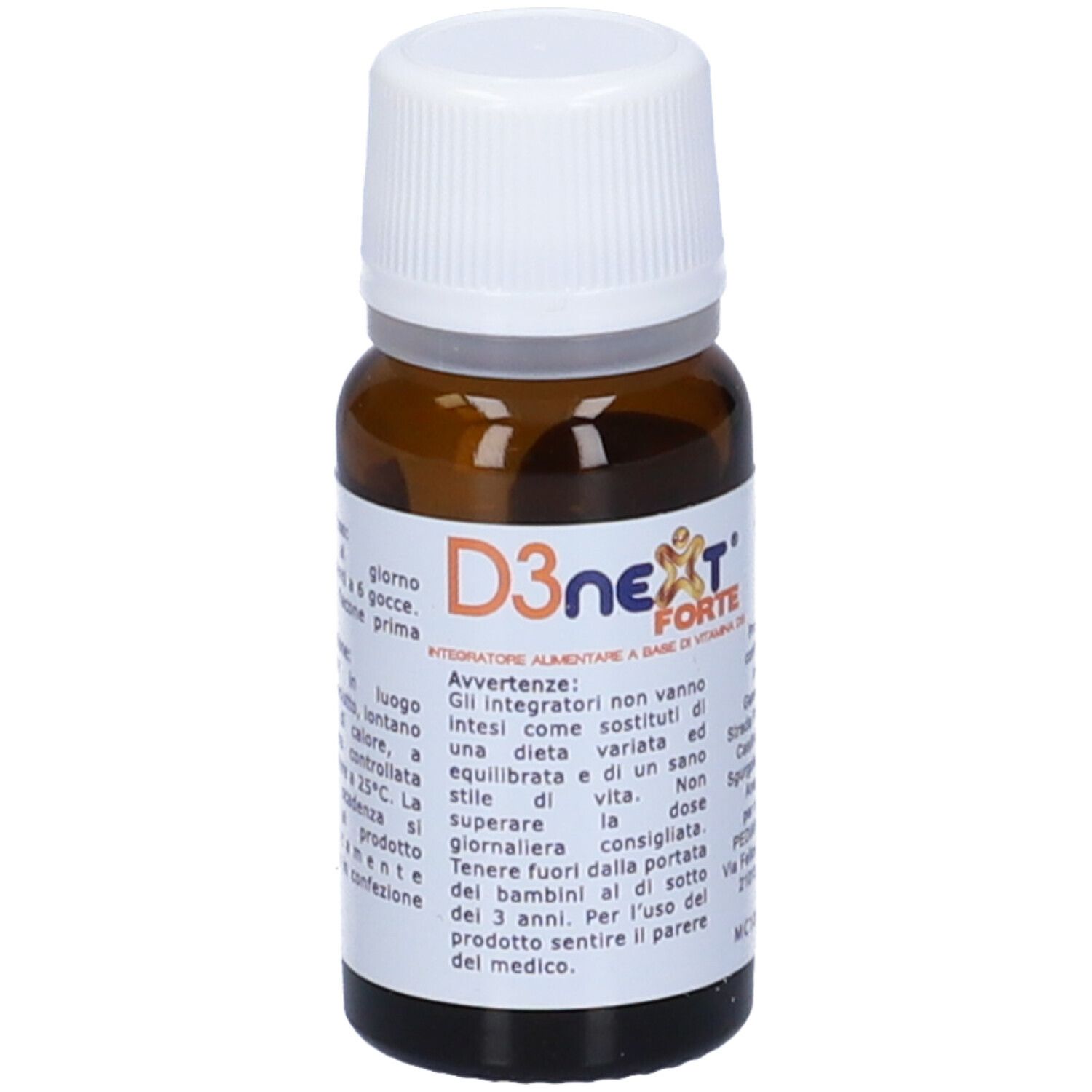 Flacone di vetro marrone con tappo bianco. Etichetta con nome del prodotto e avvertenze. Contiene vitamina D.