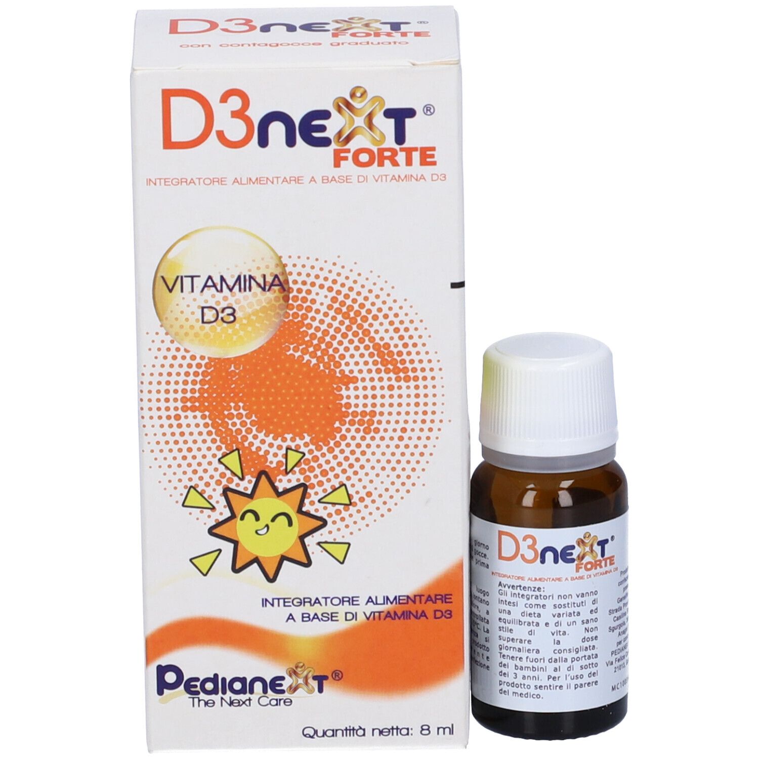 Confezione e flacone D3Next Forte. Confezione: scatola bianca con nome del prodotto e illustrazione vitamina D. Flacone: marrone, tappo bianco.