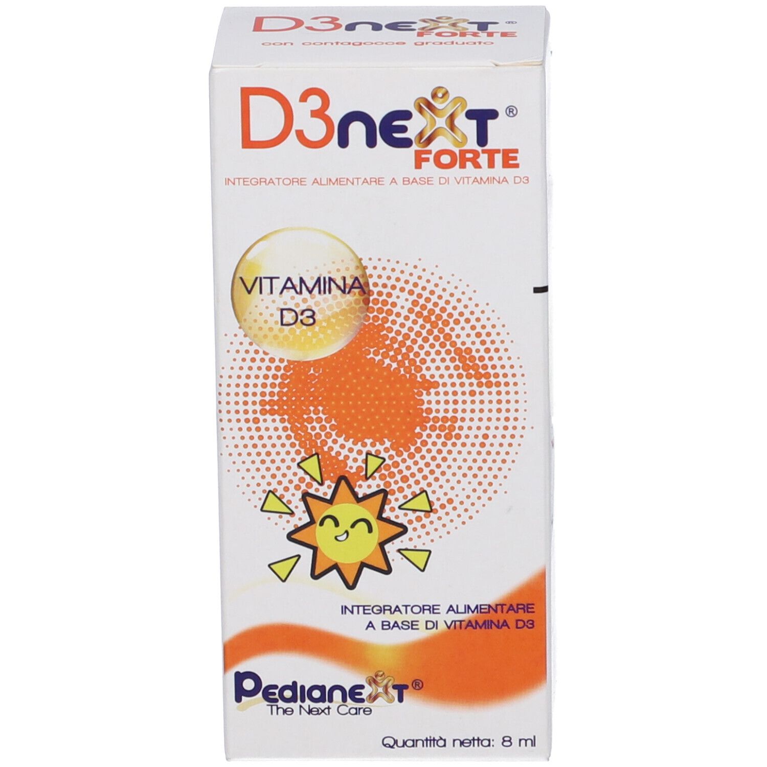 Confezione D3Next Forte. Scatola bianca con nome del prodotto e illustrazione vitamina D. Contiene 8 ml.
