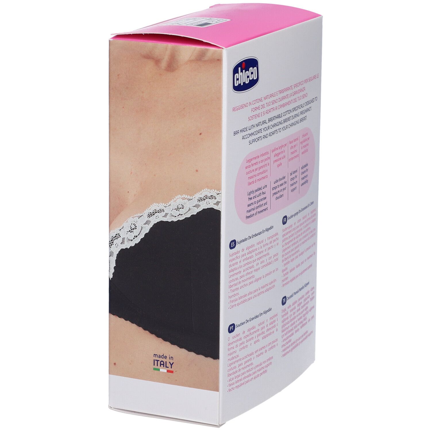 Confezione con immagine di reggiseno nero. Scritta: Chicco, Reggiseno Gravidanza Imbottito in Cotone. Made in Italy.