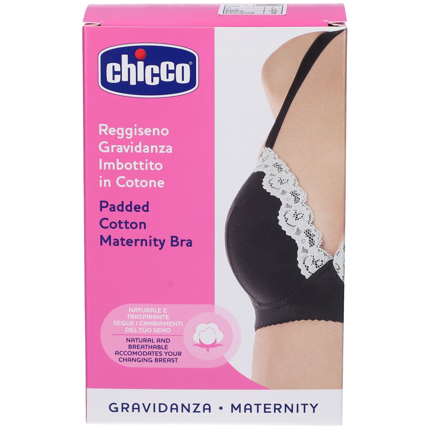 Scatola rosa con immagine di reggiseno nero. Scritta: Chicco, Reggiseno Gravidanza Imbottito in Cotone. Simbolo cotone.