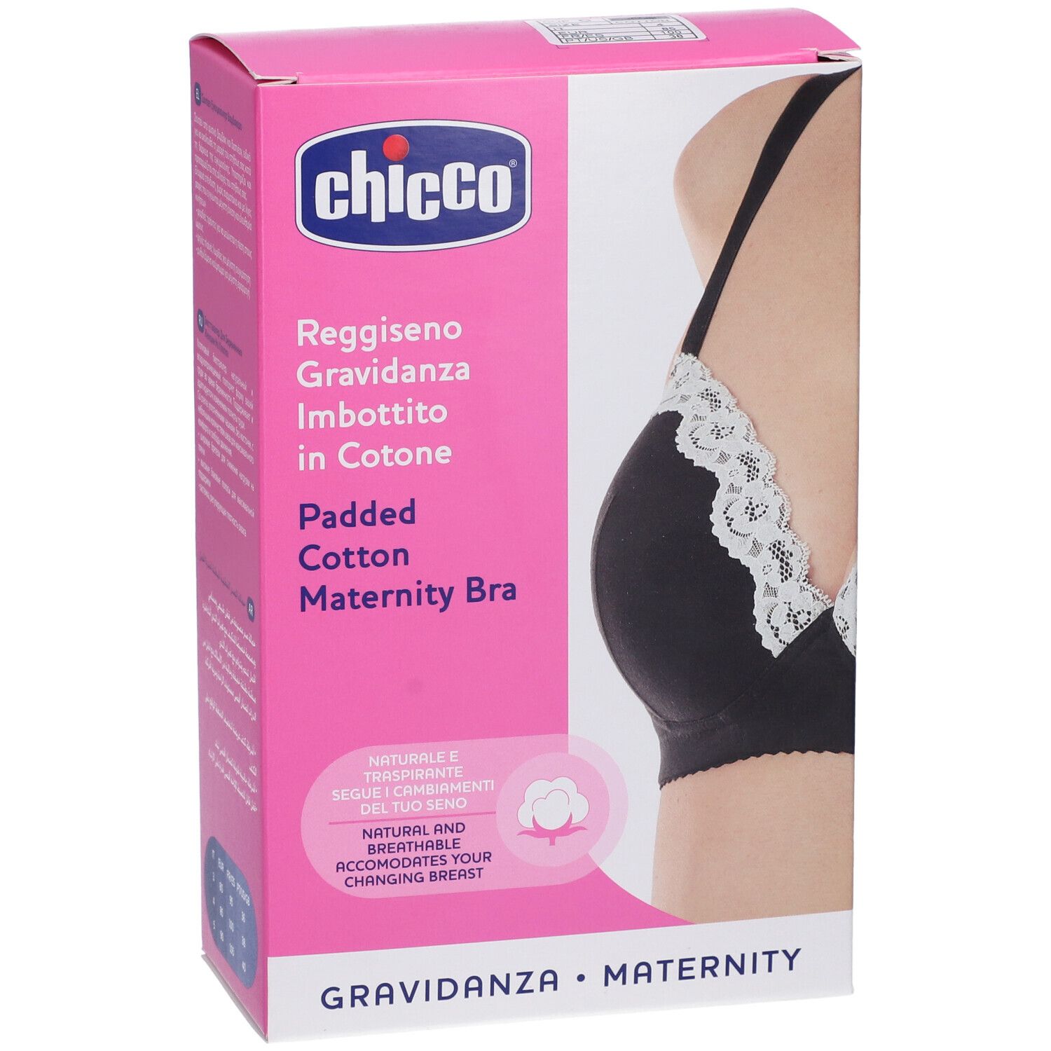 Scatola rosa con immagine di reggiseno nero. Scritta: Chicco, Reggiseno Gravidanza Imbottito in Cotone. Simbolo cotone.